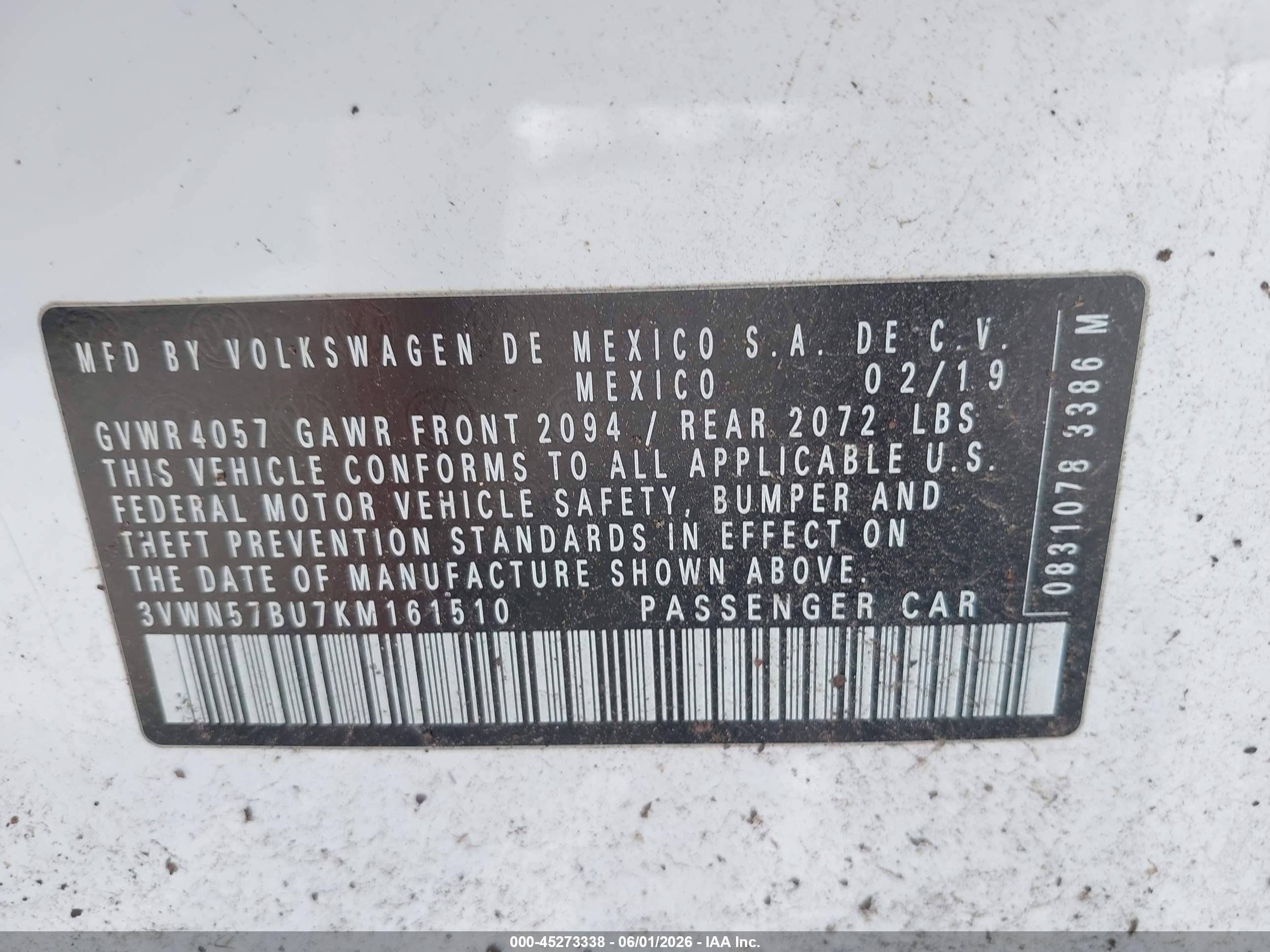 2019 Volkswagen Jetta 1.4t S White vin: 3VWN57BU7KM161510