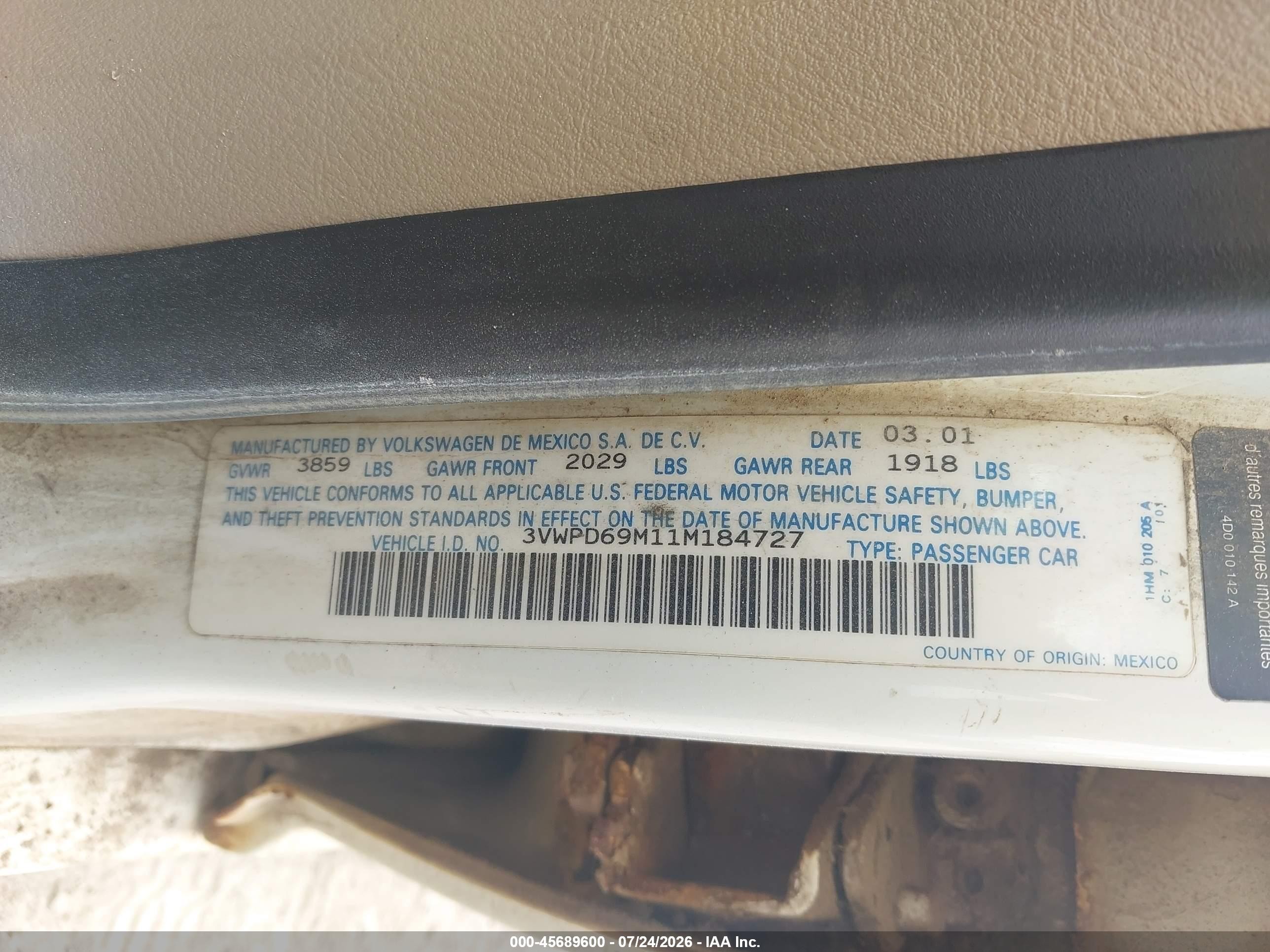 2001 Volkswagen Jetta Wolfsburg Белый vin: 3VWPD69M11M184727