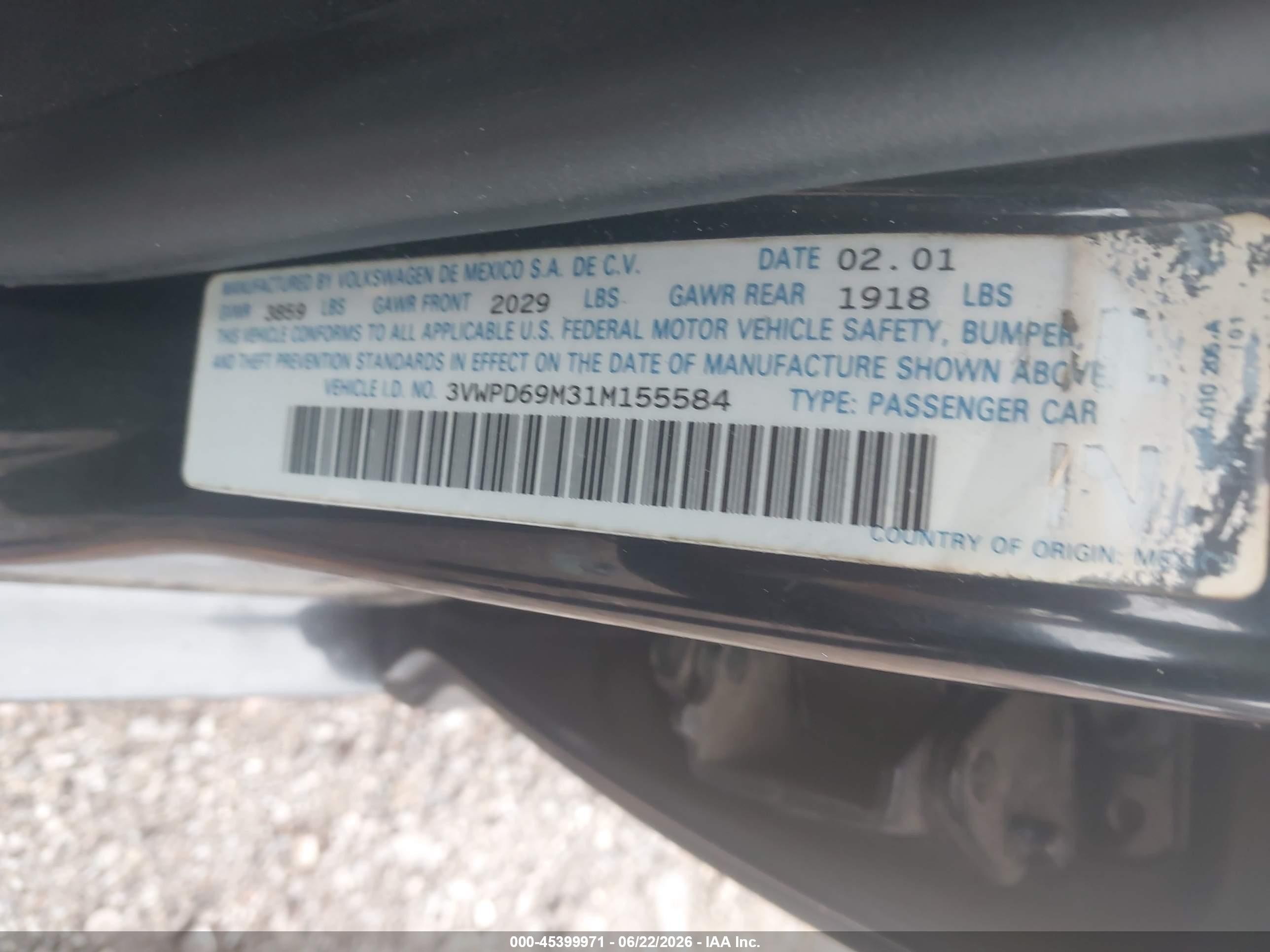 2001 Volkswagen Jetta Wolfsburg Black vin: 3VWPD69M31M155584