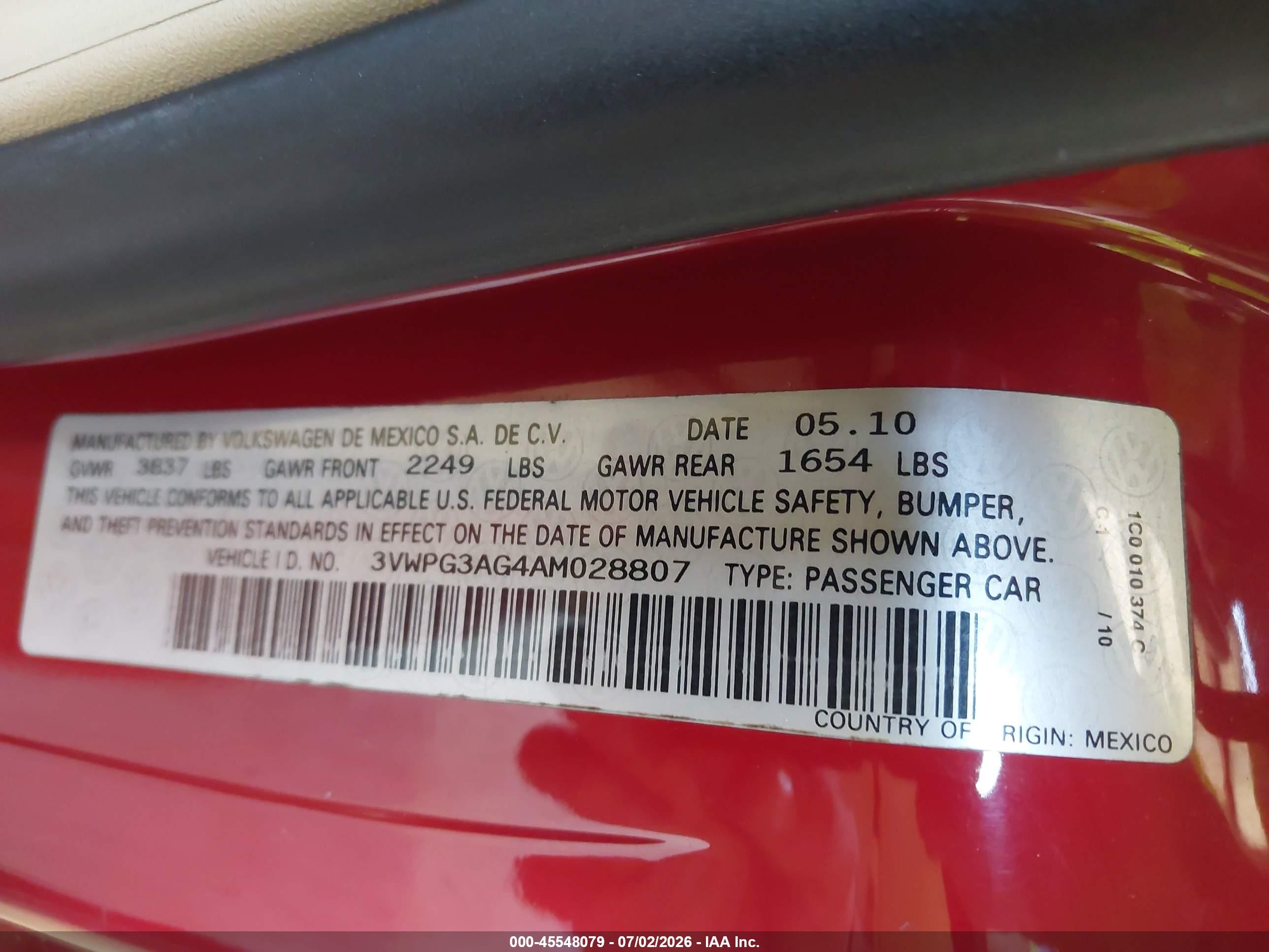 2010 Volkswagen New Beetle 2.5l Red vin: 3VWPG3AG4AM028807