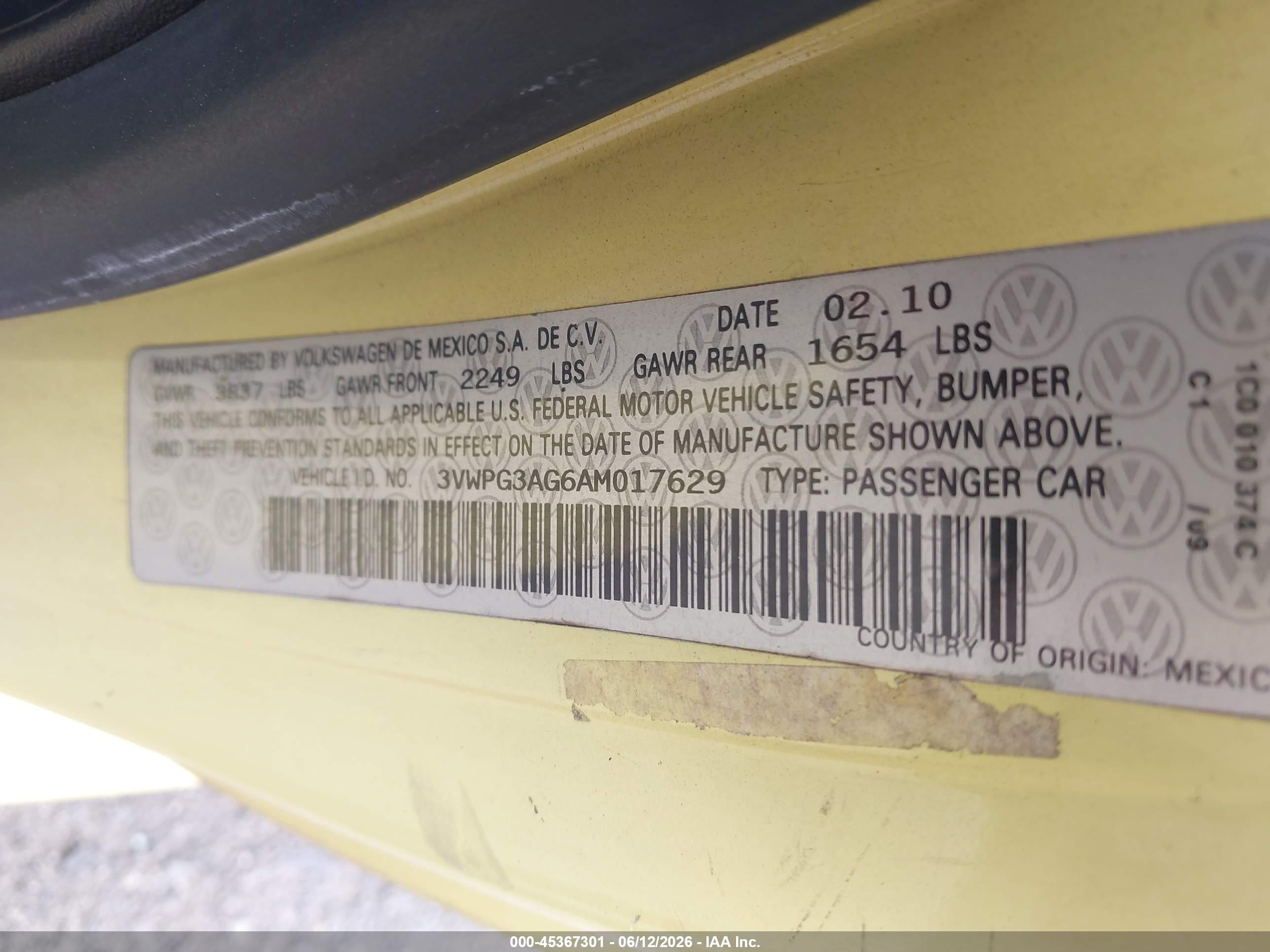 2010 Volkswagen New Beetle 2.5l Yellow vin: 3VWPG3AG6AM017629