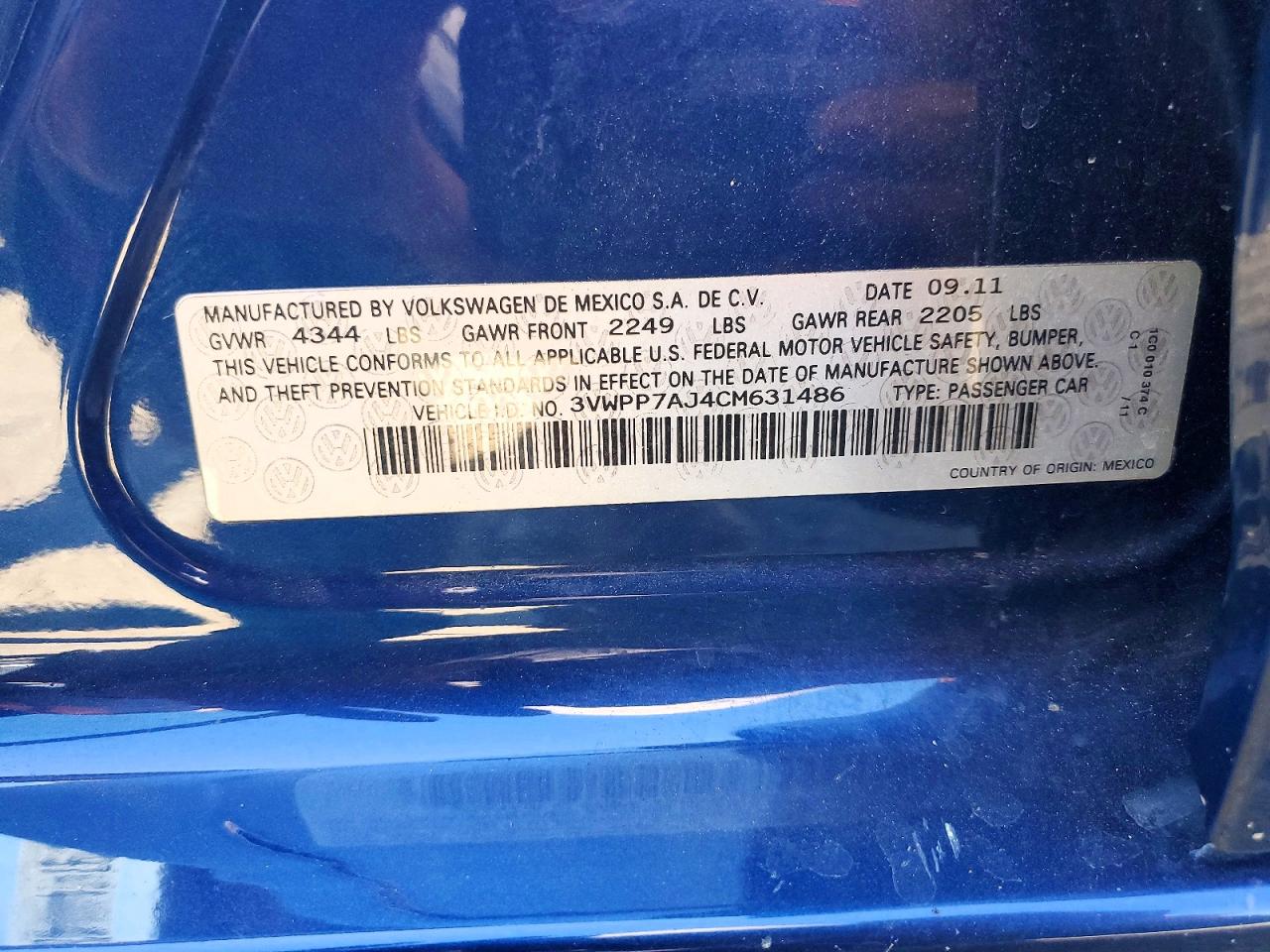 2012 Volkswagen Jetta S Blue vin: 3VWPP7AJ4CM631486
