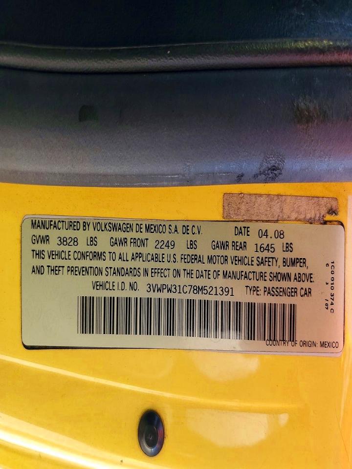 2008 Volkswagen New Beetle S Yellow vin: 3VWPW31C78M521391
