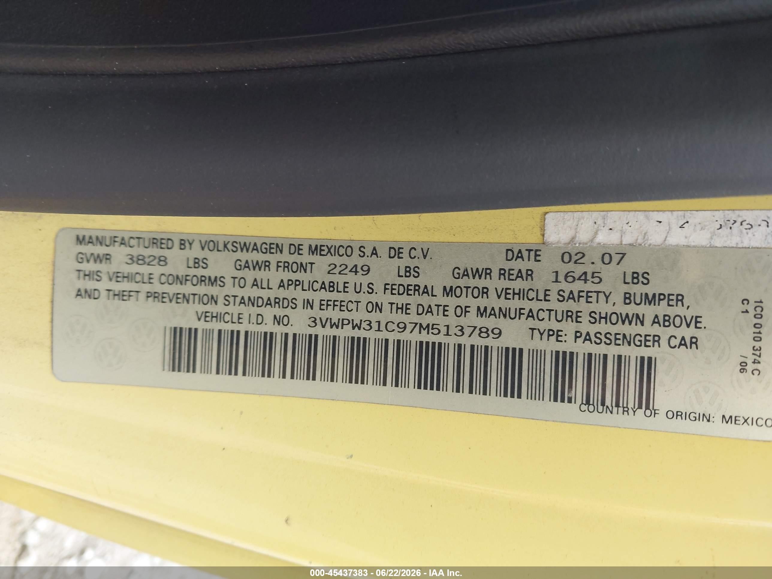 2007 Volkswagen New Beetle 2.5 Yellow vin: 3VWPW31C97M513789