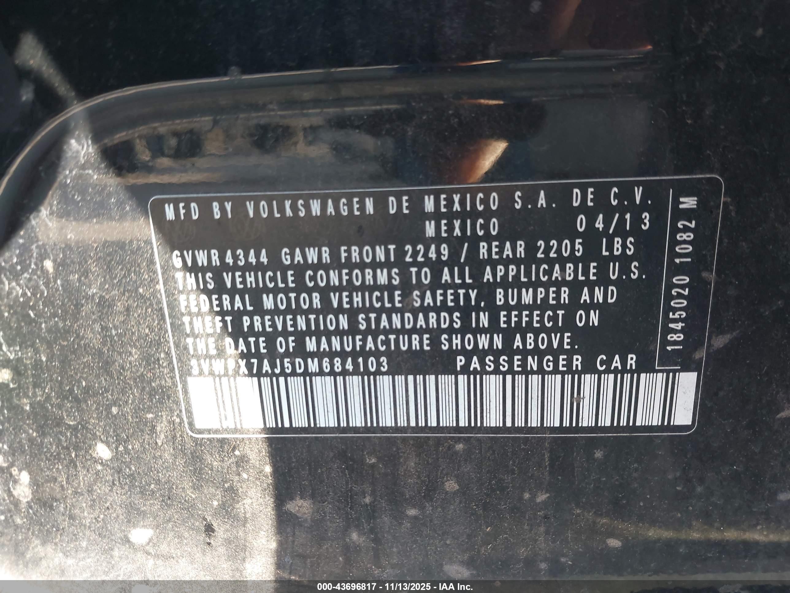 2013 Volkswagen Jetta Sportwagen 2.5l Se Black vin: 3VWPX7AJ5DM684103