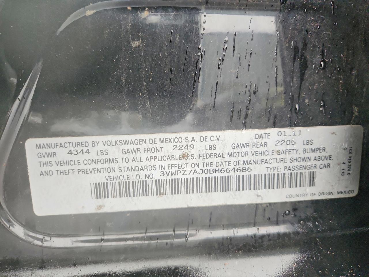 2011 Volkswagen Jetta S Black vin: 3VWPZ7AJ0BM664686
