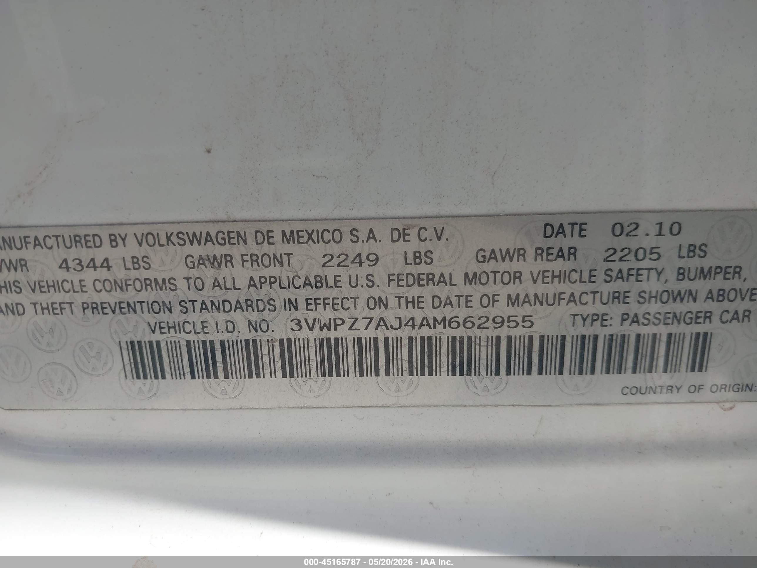 2010 Volkswagen Jetta Se White vin: 3VWPZ7AJ4AM662955