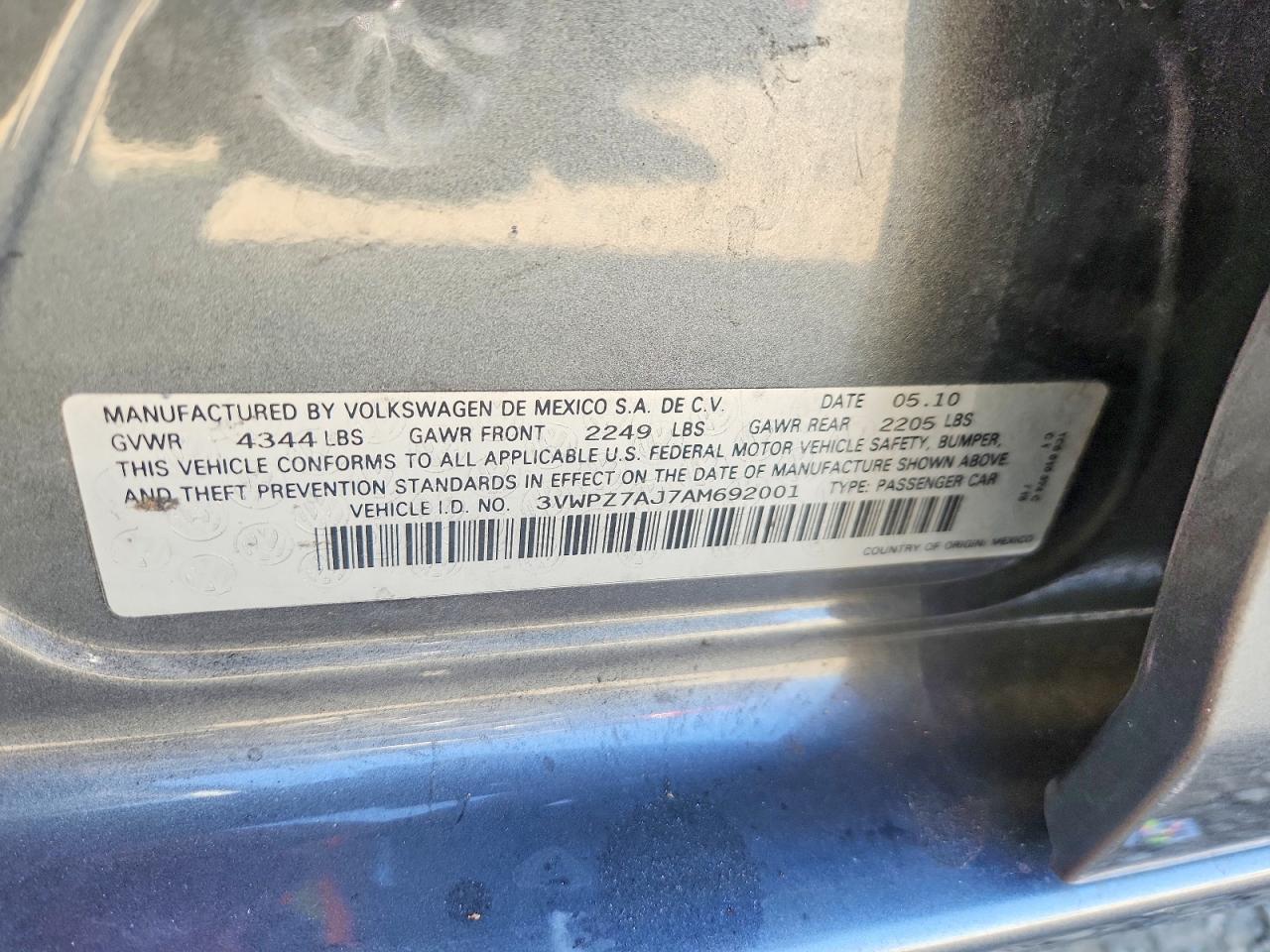 2010 Volkswagen Jetta Se Угольный vin: 3VWPZ7AJ7AM692001