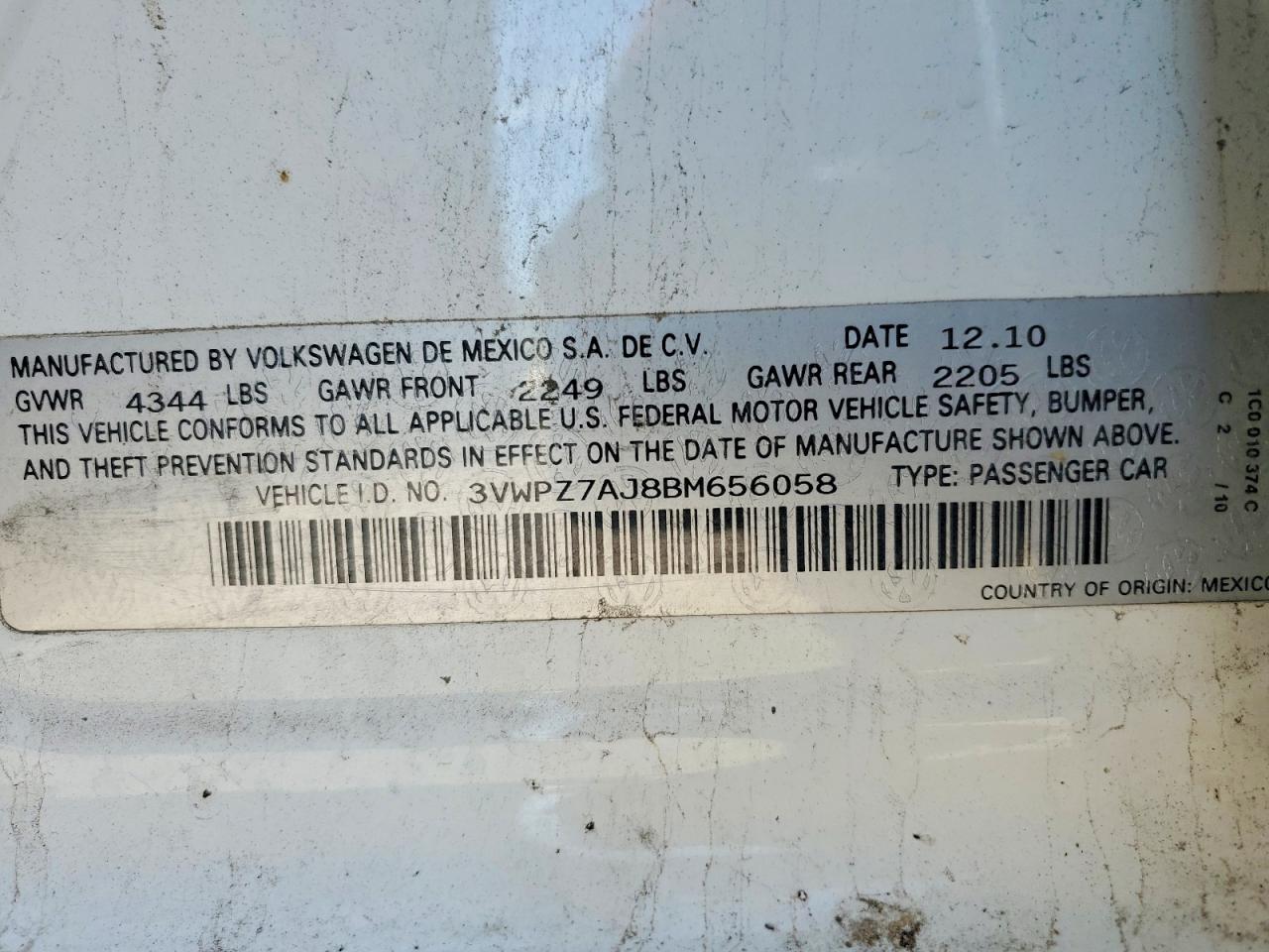 2011 Volkswagen Jetta S White vin: 3VWPZ7AJ8BM656058