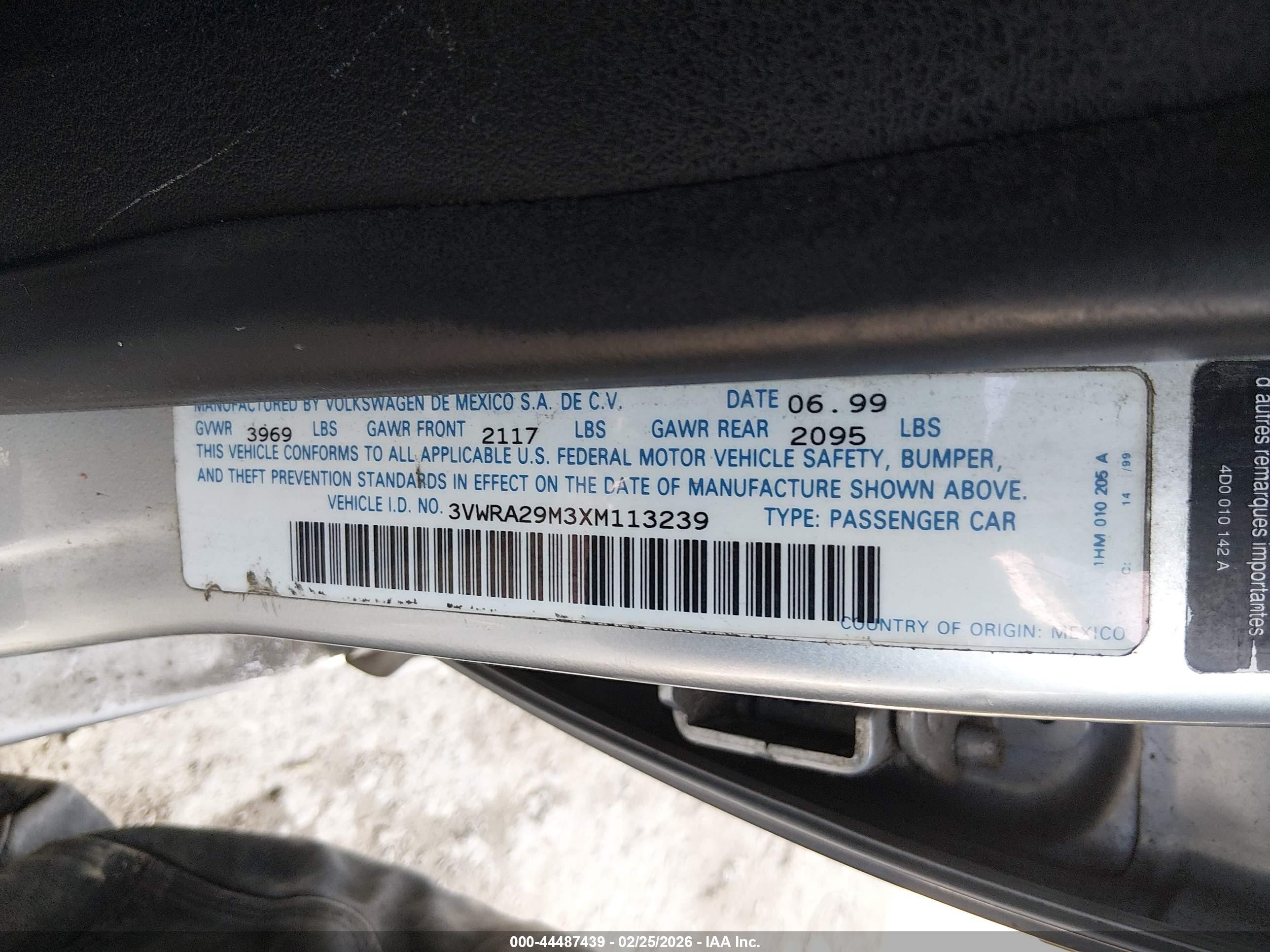 1999 Volkswagen Jetta Gl Gray vin: 3VWRA29M3XM113239
