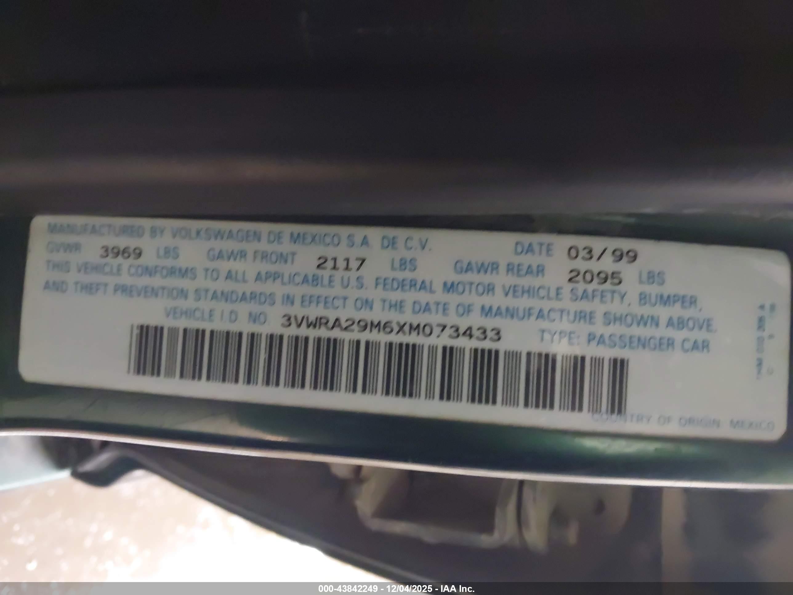 1999 Volkswagen Jetta Gl Green vin: 3VWRA29M6XM073433