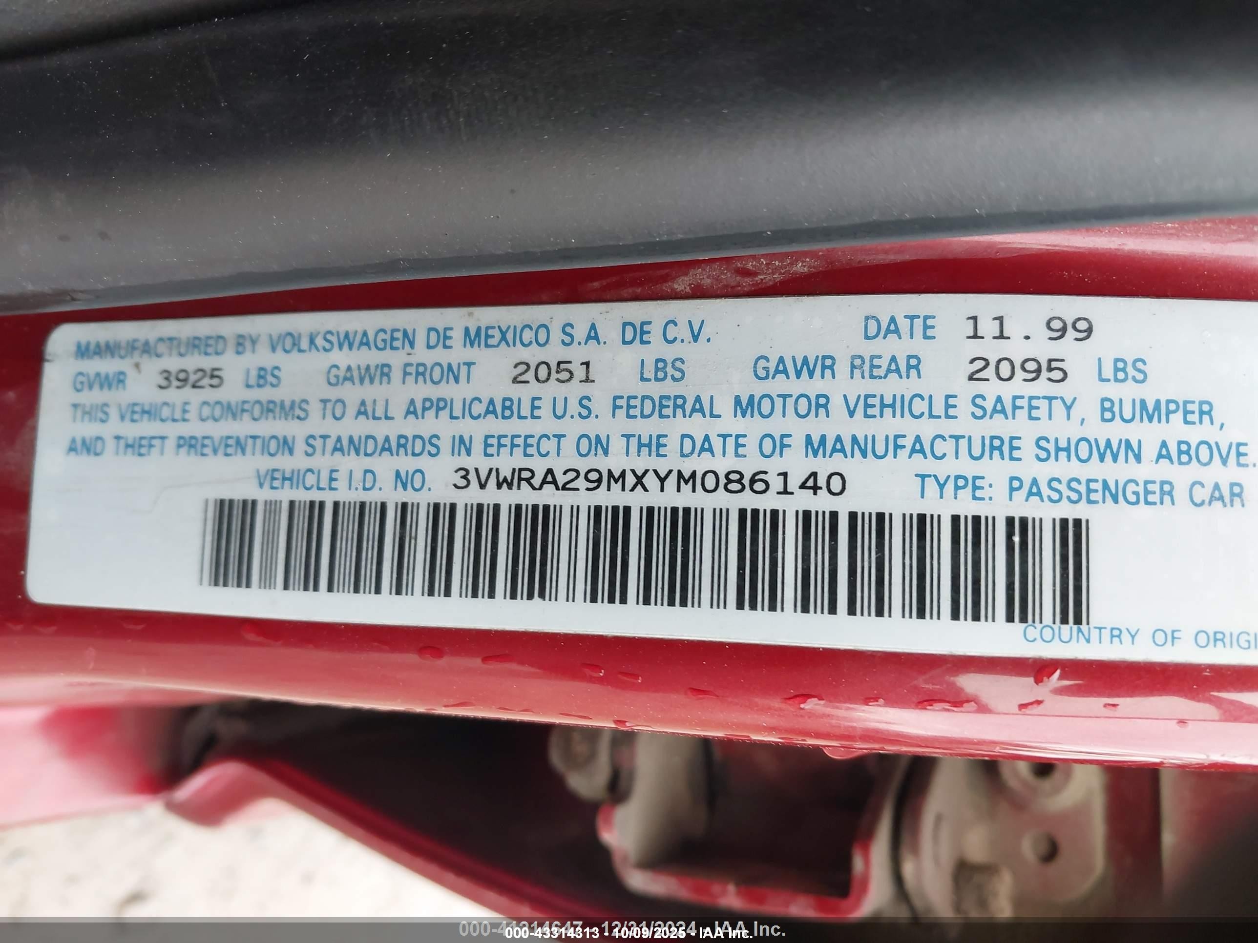 2000 Volkswagen Jetta Gl Красный vin: 3VWRA29MXYM086140