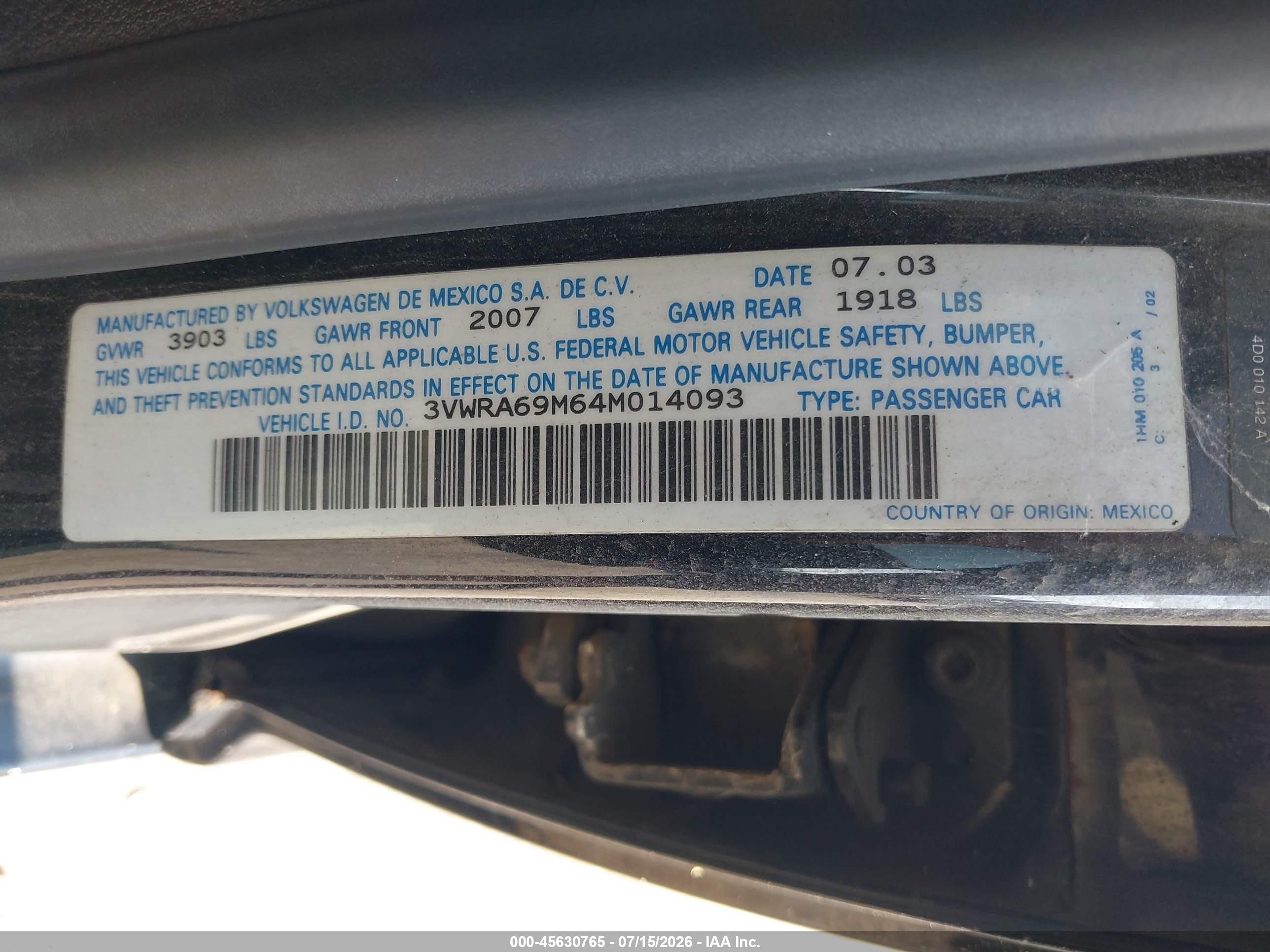 2004 Volkswagen Jetta Gl Black vin: 3VWRA69M64M014093