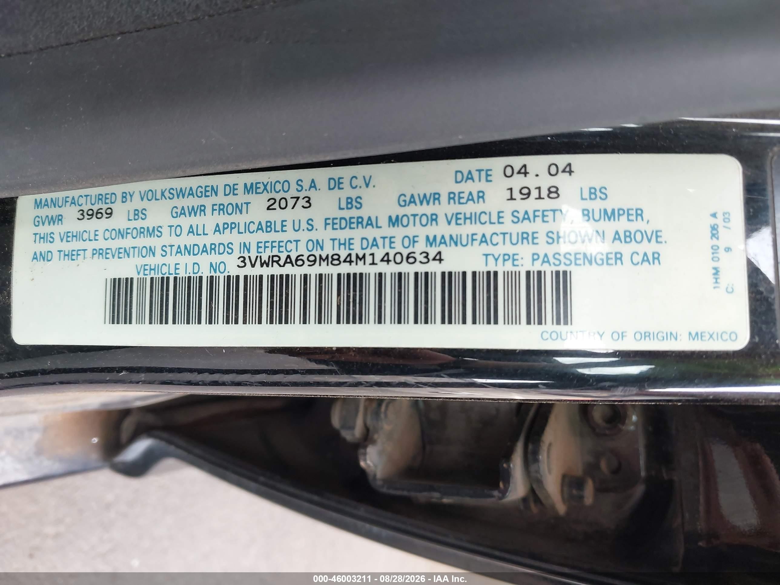 2004 Volkswagen Jetta Gl Black vin: 3VWRA69M84M140634
