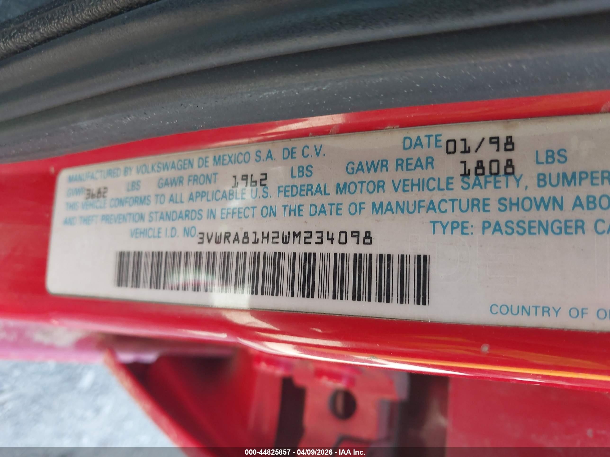 1998 Volkswagen Jetta Gl Red vin: 3VWRA81H2WM234098