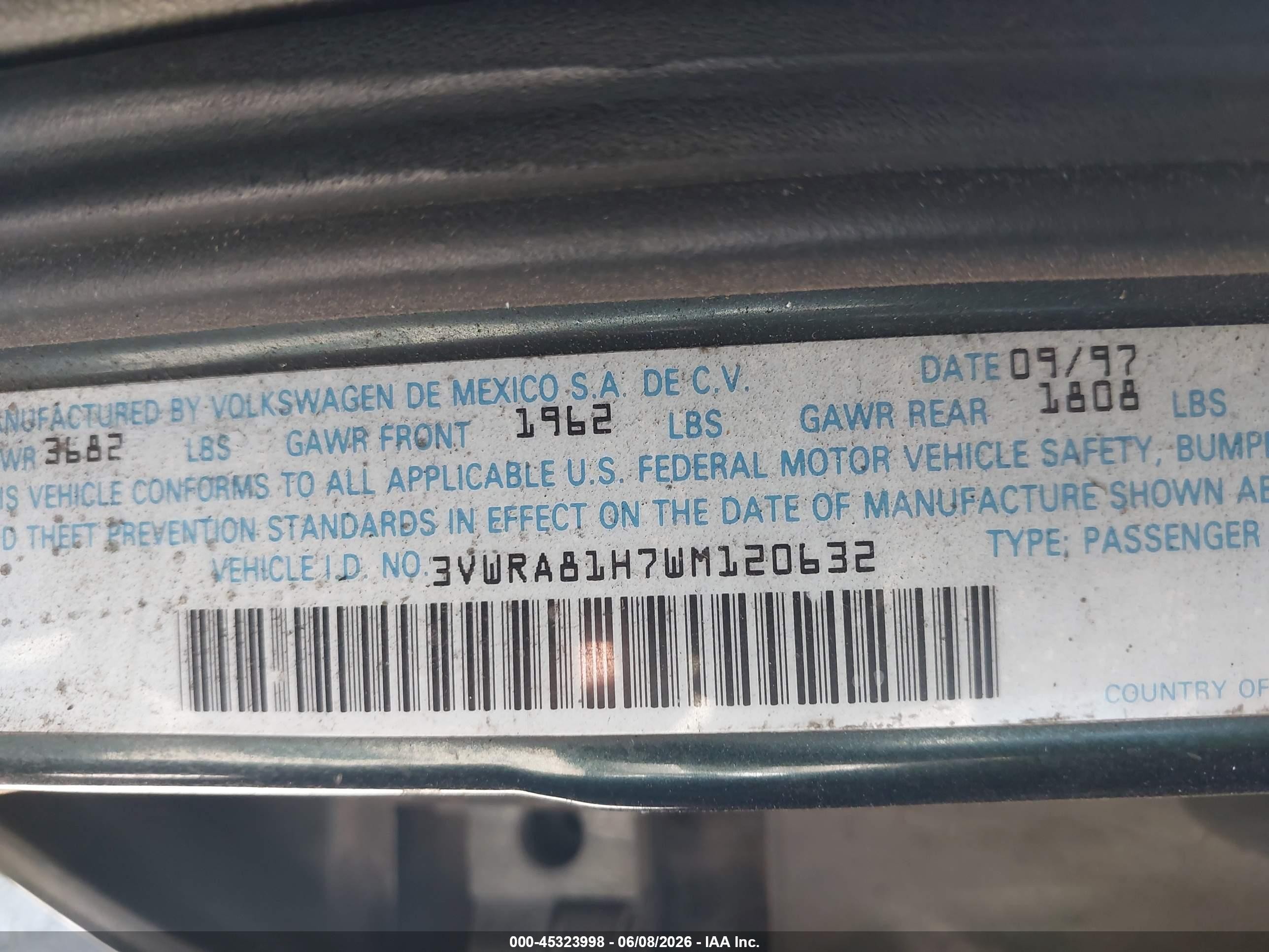 1998 Volkswagen Jetta Gl Зеленый vin: 3VWRA81H7WM120632
