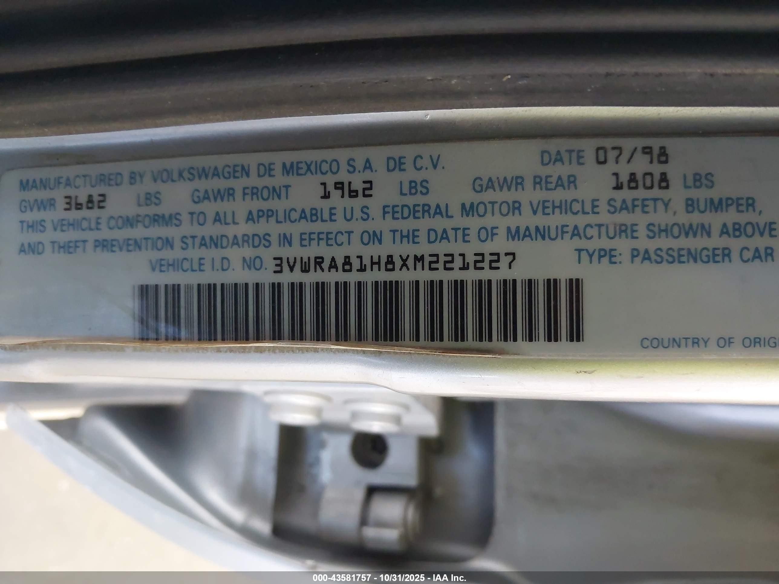 1999 Volkswagen Jetta Gl Silver vin: 3VWRA81H8XM221227