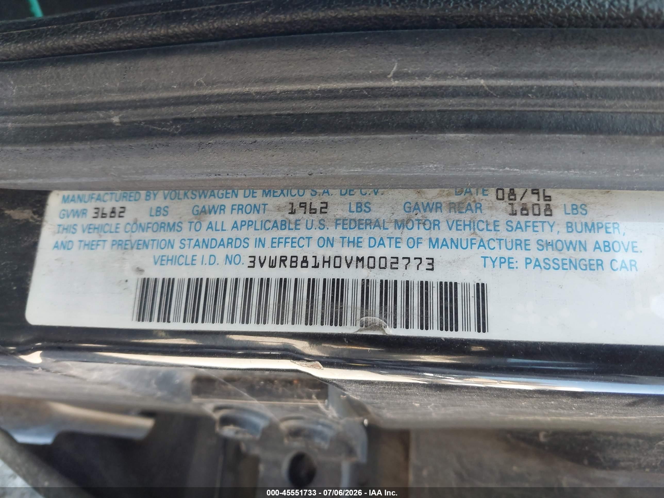 1997 Volkswagen Jetta Gl Черный vin: 3VWRB81H0VM002773
