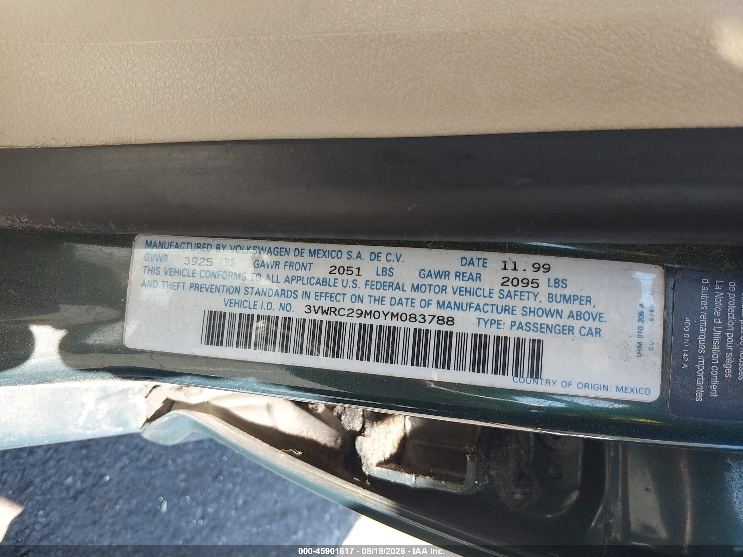 2000 Volkswagen Jetta Gl Green vin: 3VWRC29M0YM083788