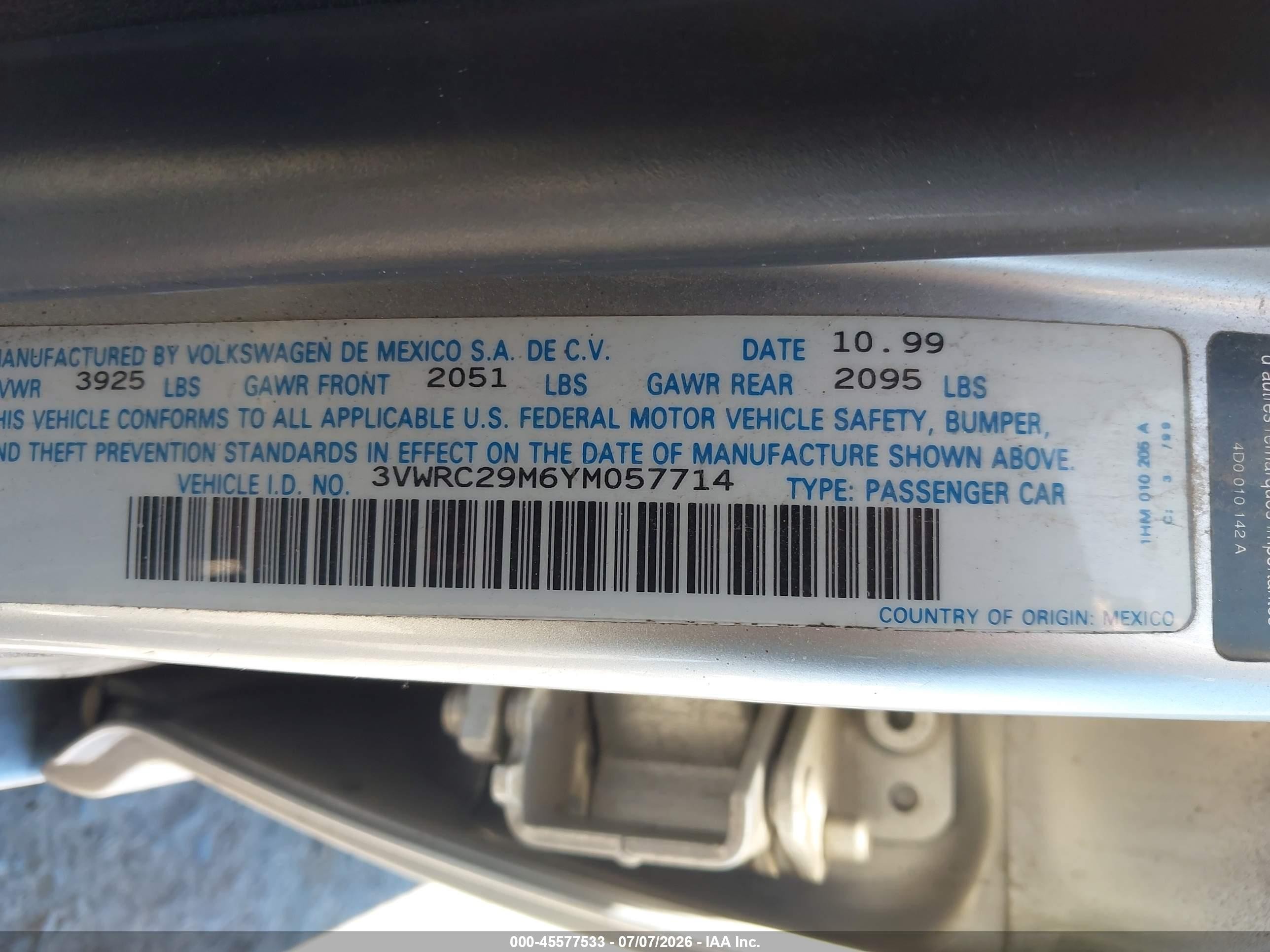 2000 Volkswagen Jetta Gl Серебряный vin: 3VWRC29M6YM057714
