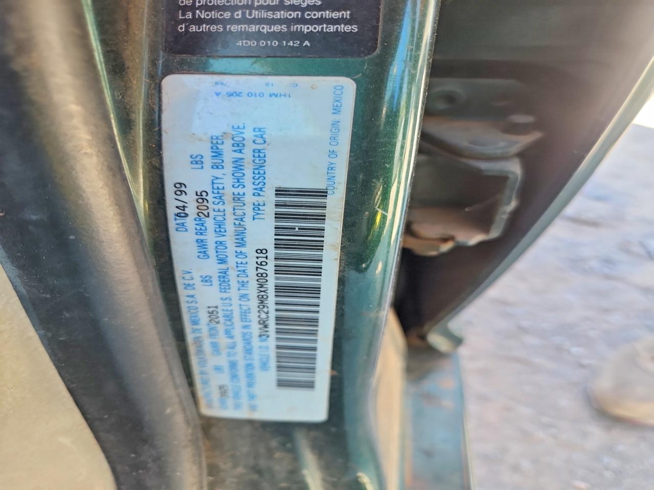 1999 Volkswagen Jetta Gl Green vin: 3VWRC29M8XM087618