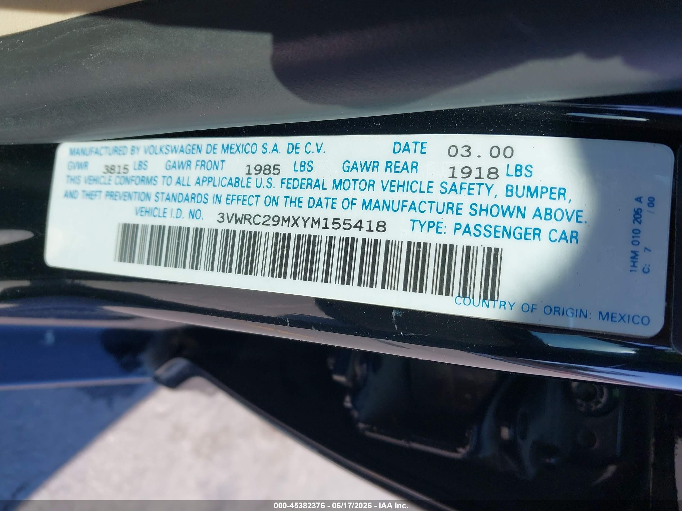 2000 Volkswagen Jetta Gl Black vin: 3VWRC29MXYM155418