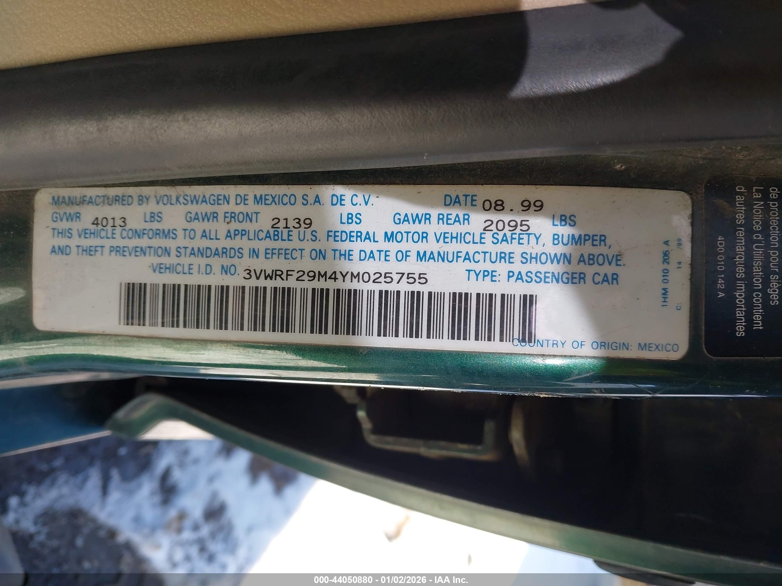 2000 Volkswagen Jetta Gl Tdi Green vin: 3VWRF29M4YM025755