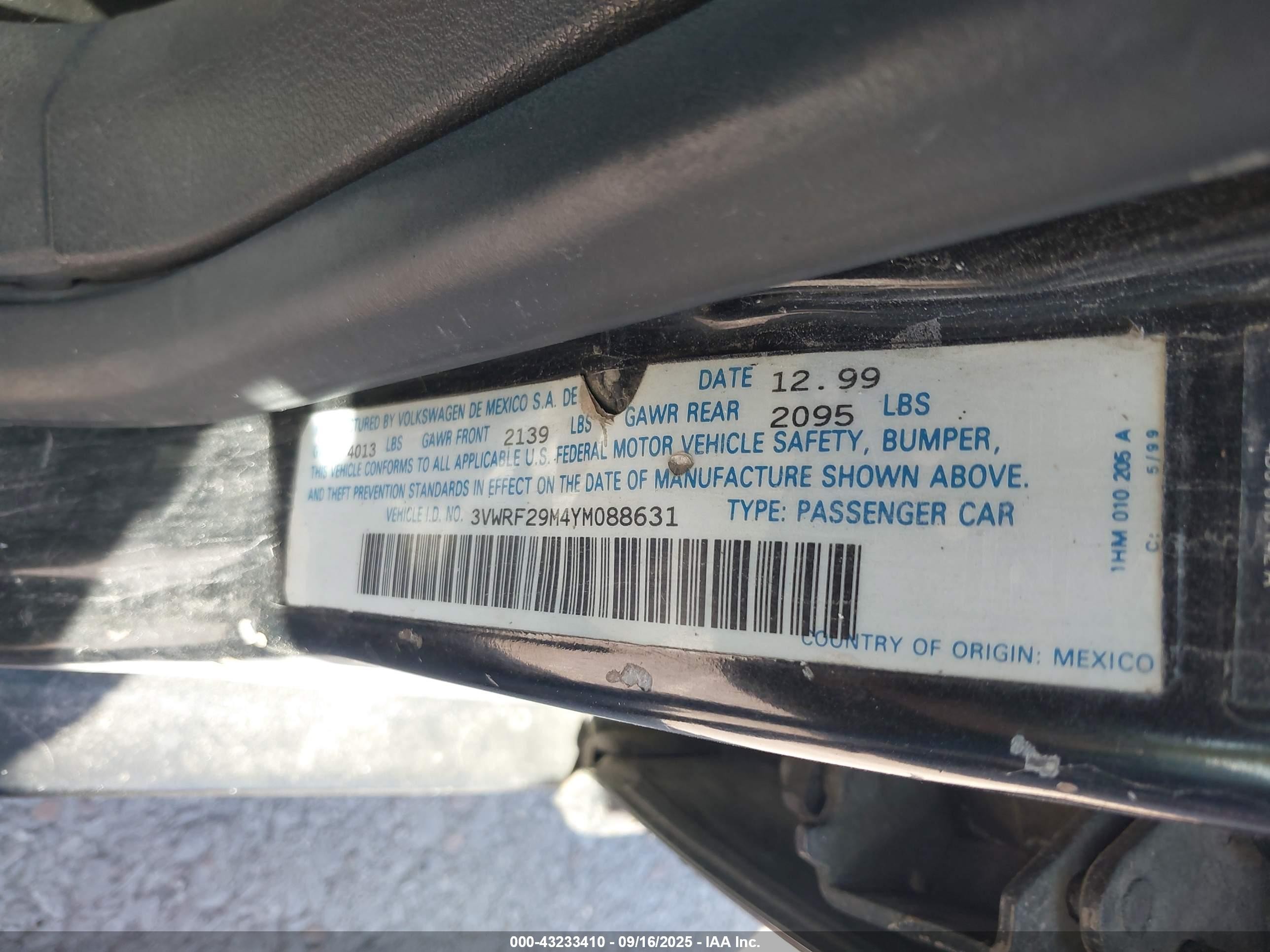 2000 Volkswagen Jetta Gl Tdi Черный vin: 3VWRF29M4YM088631