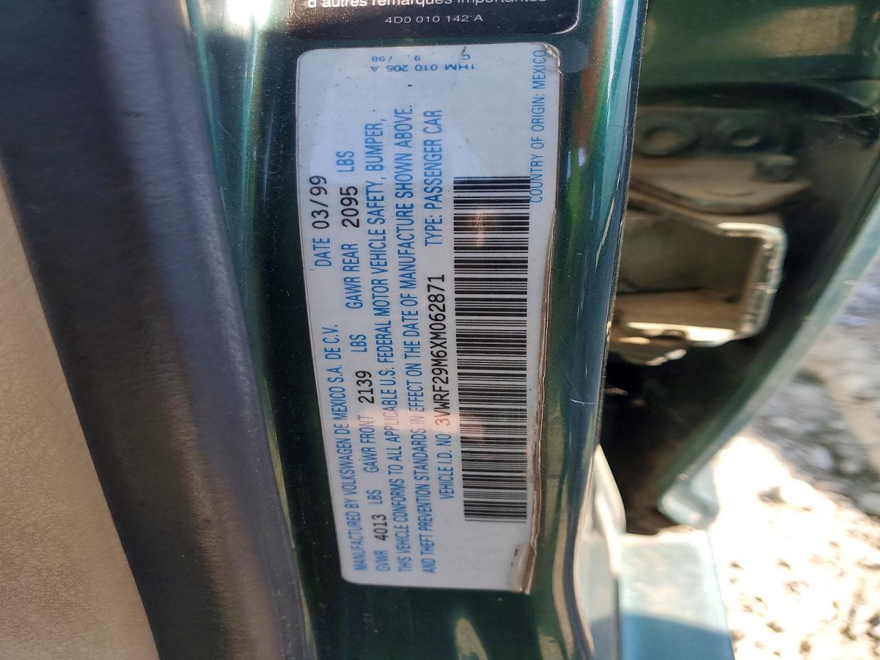 1999 Volkswagen Jetta Gl Tdi Green vin: 3VWRF29M6XM062871