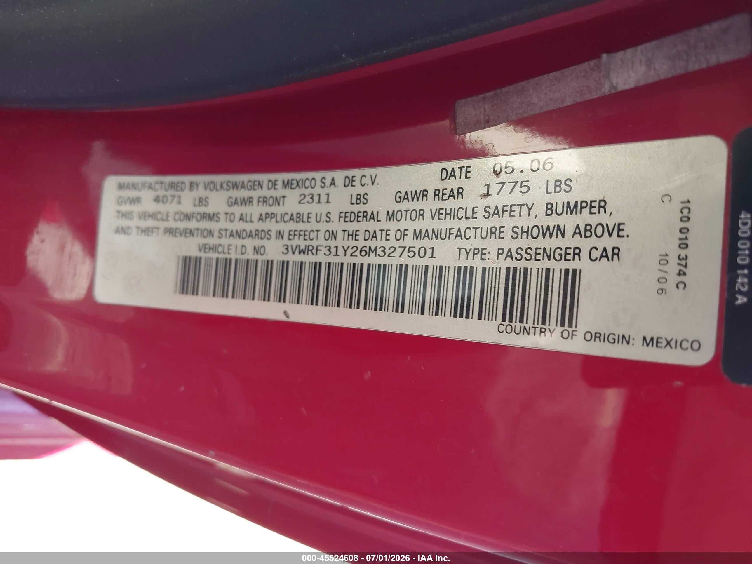 2006 Volkswagen New Beetle 2.5 Red vin: 3VWRF31Y26M327501