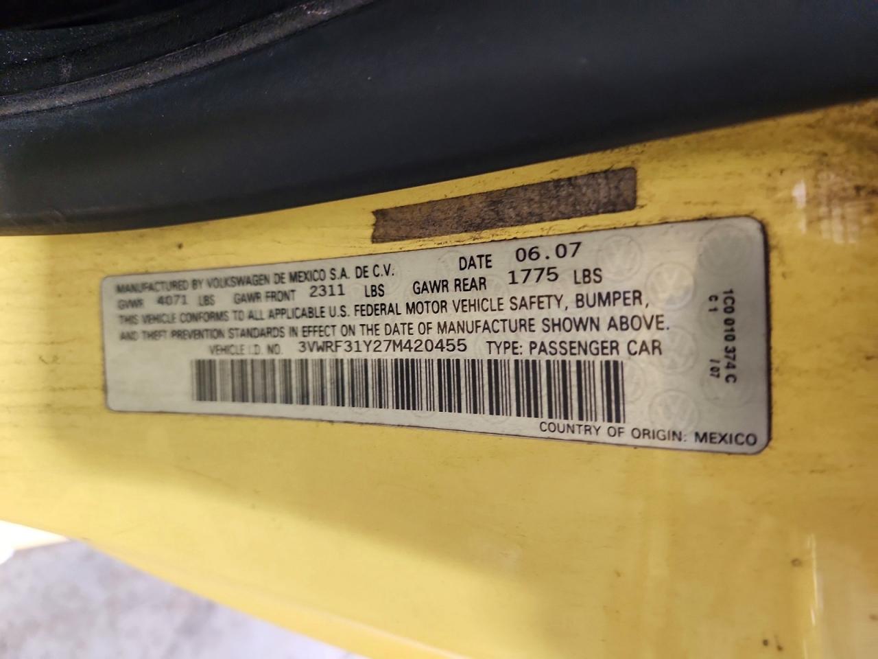 2007 Volkswagen New Beetle Convertible Option Package 1 Yellow vin: 3VWRF31Y27M420455