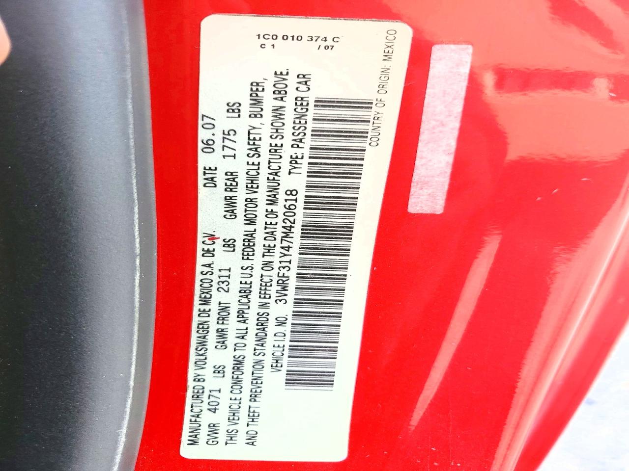 2007 Volkswagen New Beetle Convertible Option Package 1 Красный vin: 3VWRF31Y47M420618