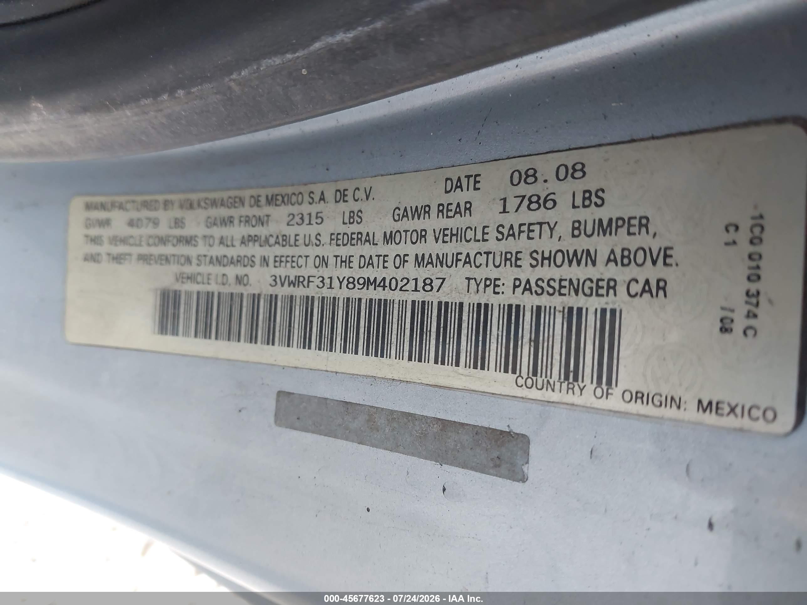2009 Volkswagen New Beetle 2.5l Light Blue vin: 3VWRF31Y89M402187