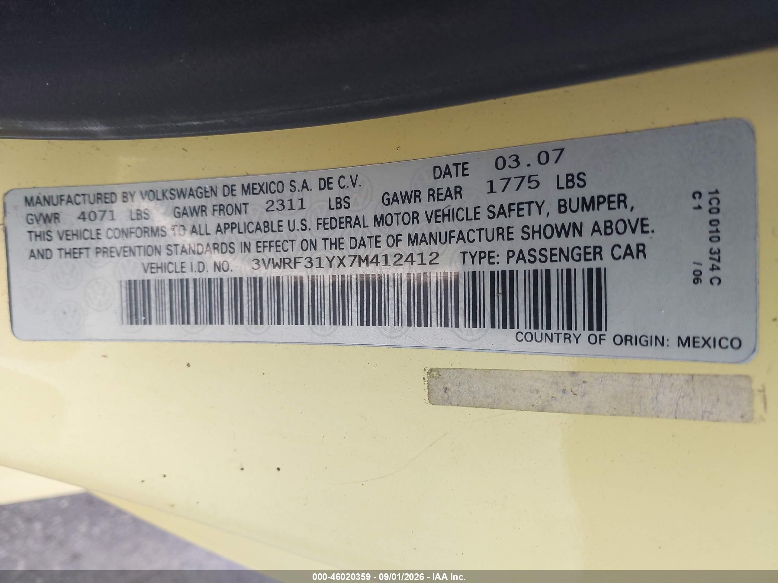 2007 Volkswagen New Beetle 2.5 Желтый vin: 3VWRF31YX7M412412