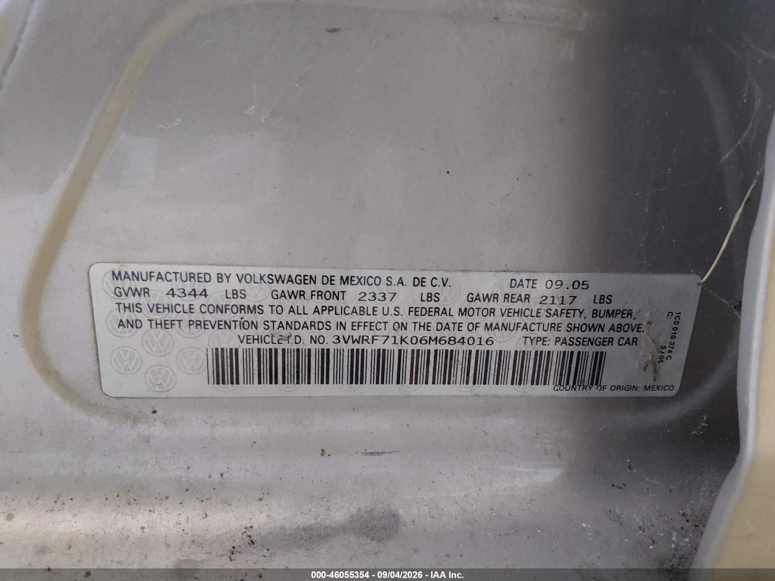 2006 Volkswagen Jetta 2.5 Gold vin: 3VWRF71K06M684016