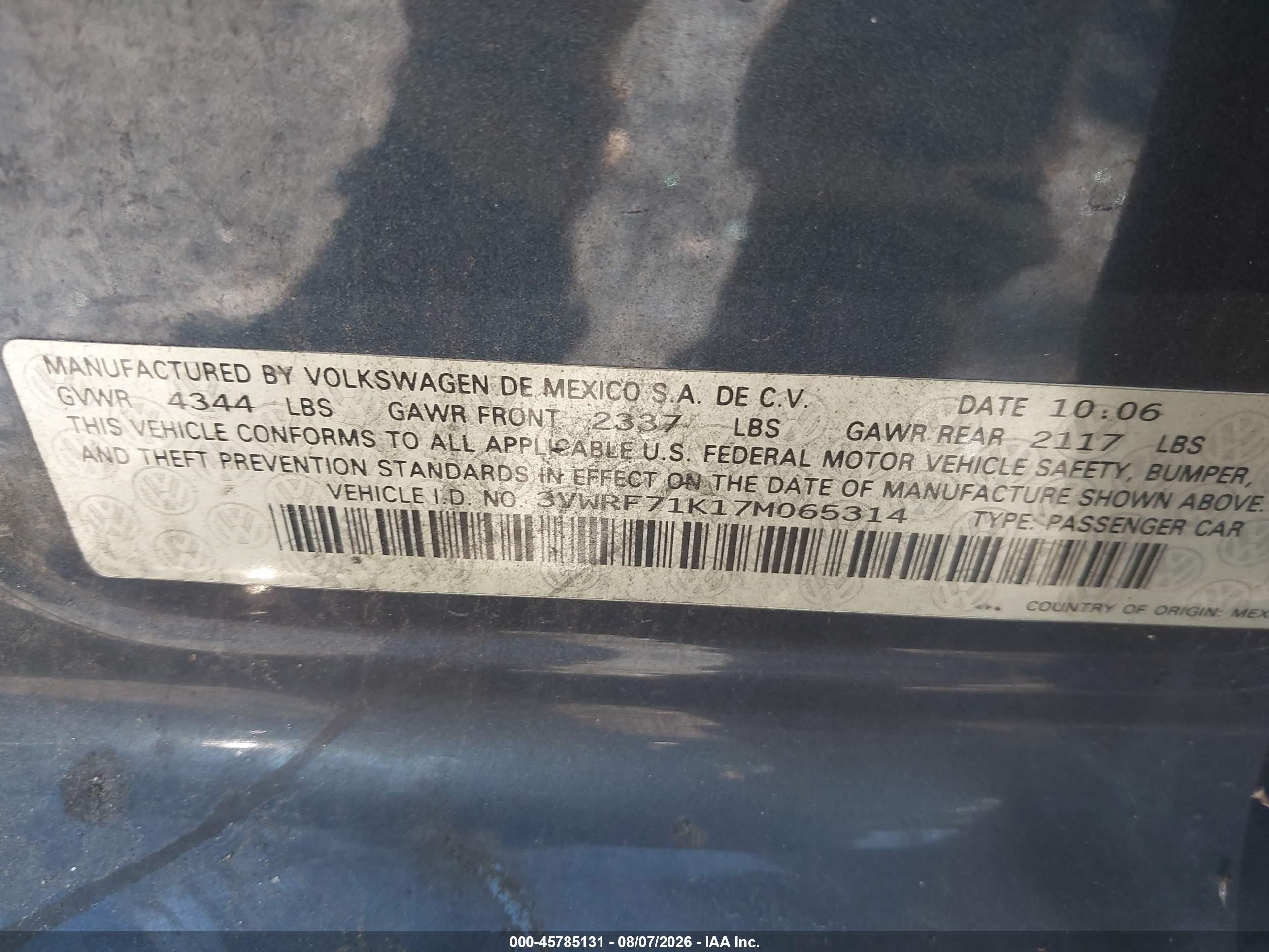 2007 Volkswagen Jetta 2.5 Blue vin: 3VWRF71K17M065314