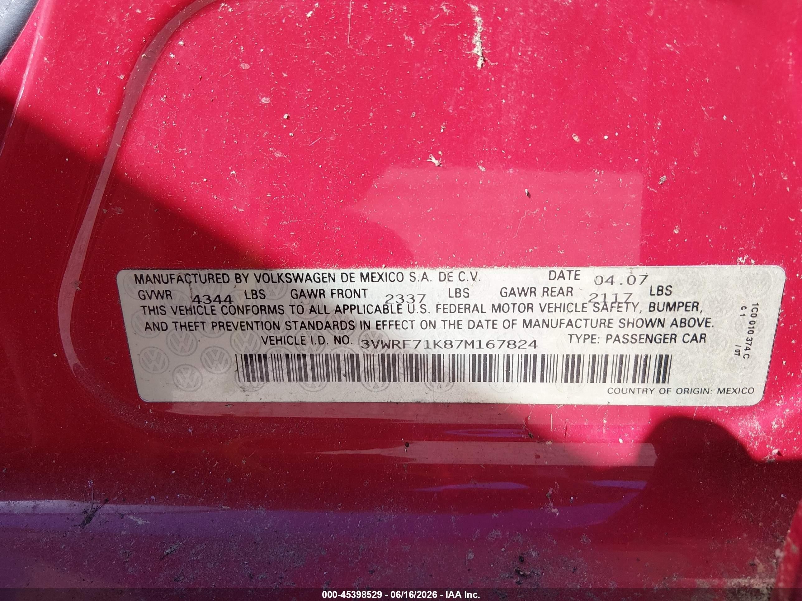 2007 Volkswagen Jetta 2.5 Red vin: 3VWRF71K87M167824