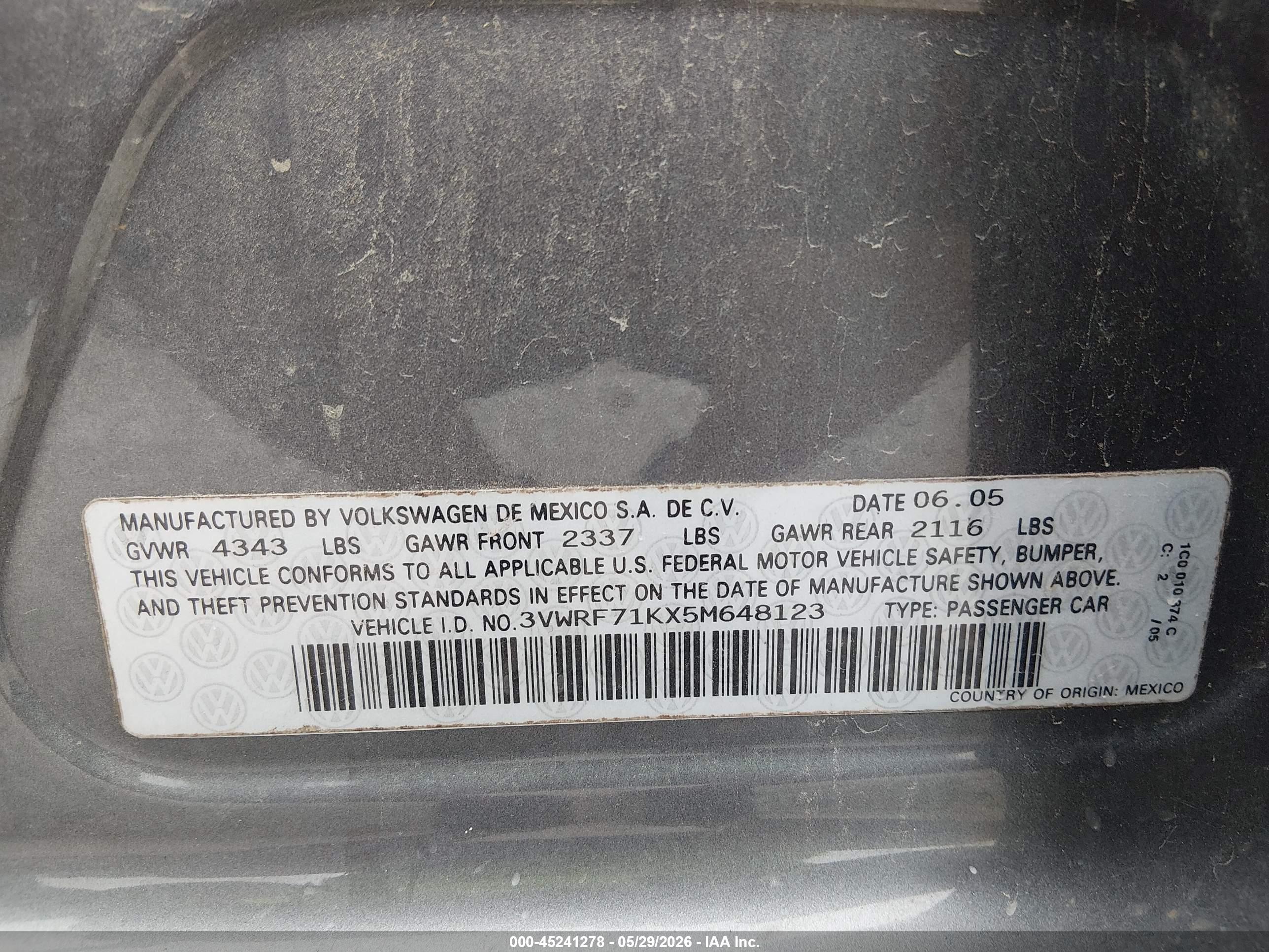 2005 Volkswagen Jetta 2.5 Gray vin: 3VWRF71KX5M648123