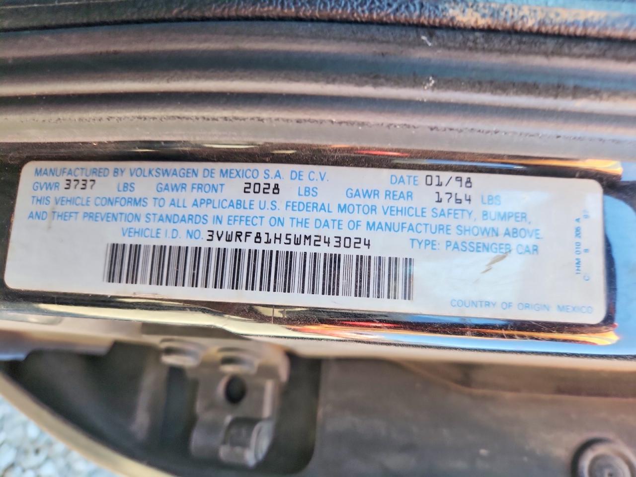 1998 Volkswagen Jetta Tdi Черный vin: 3VWRF81H5WM243024