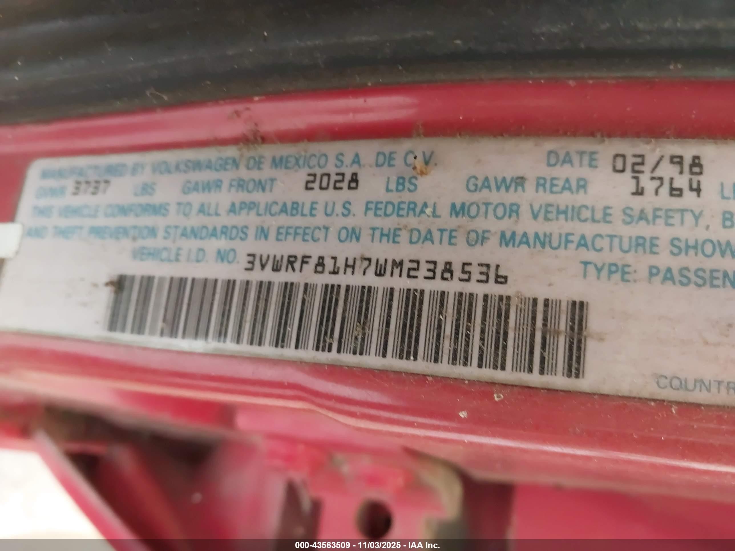 1998 Volkswagen Jetta Tdi Red vin: 3VWRF81H7WM238536