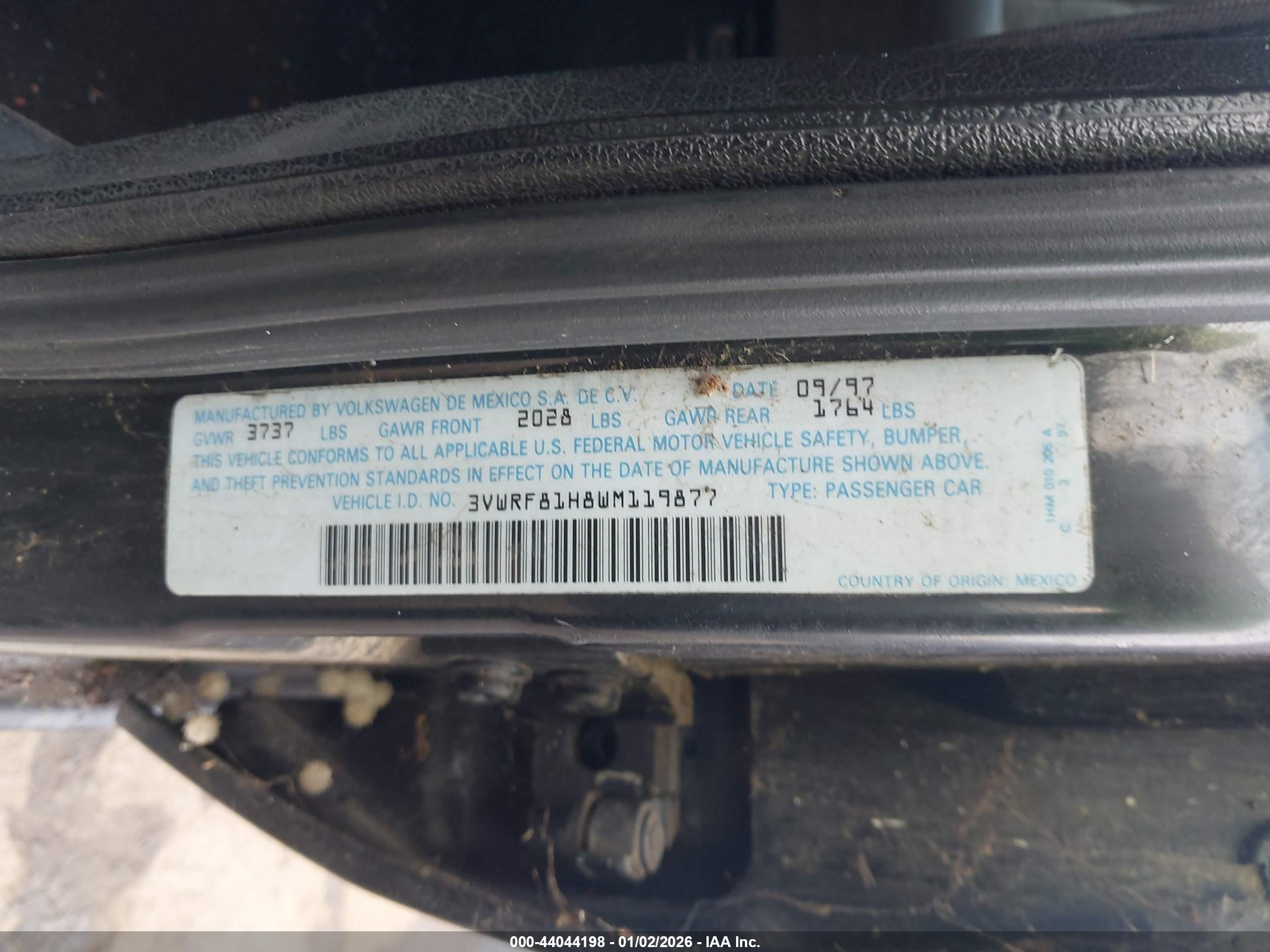 1998 Volkswagen Jetta Tdi Black vin: 3VWRF81H8WM119877
