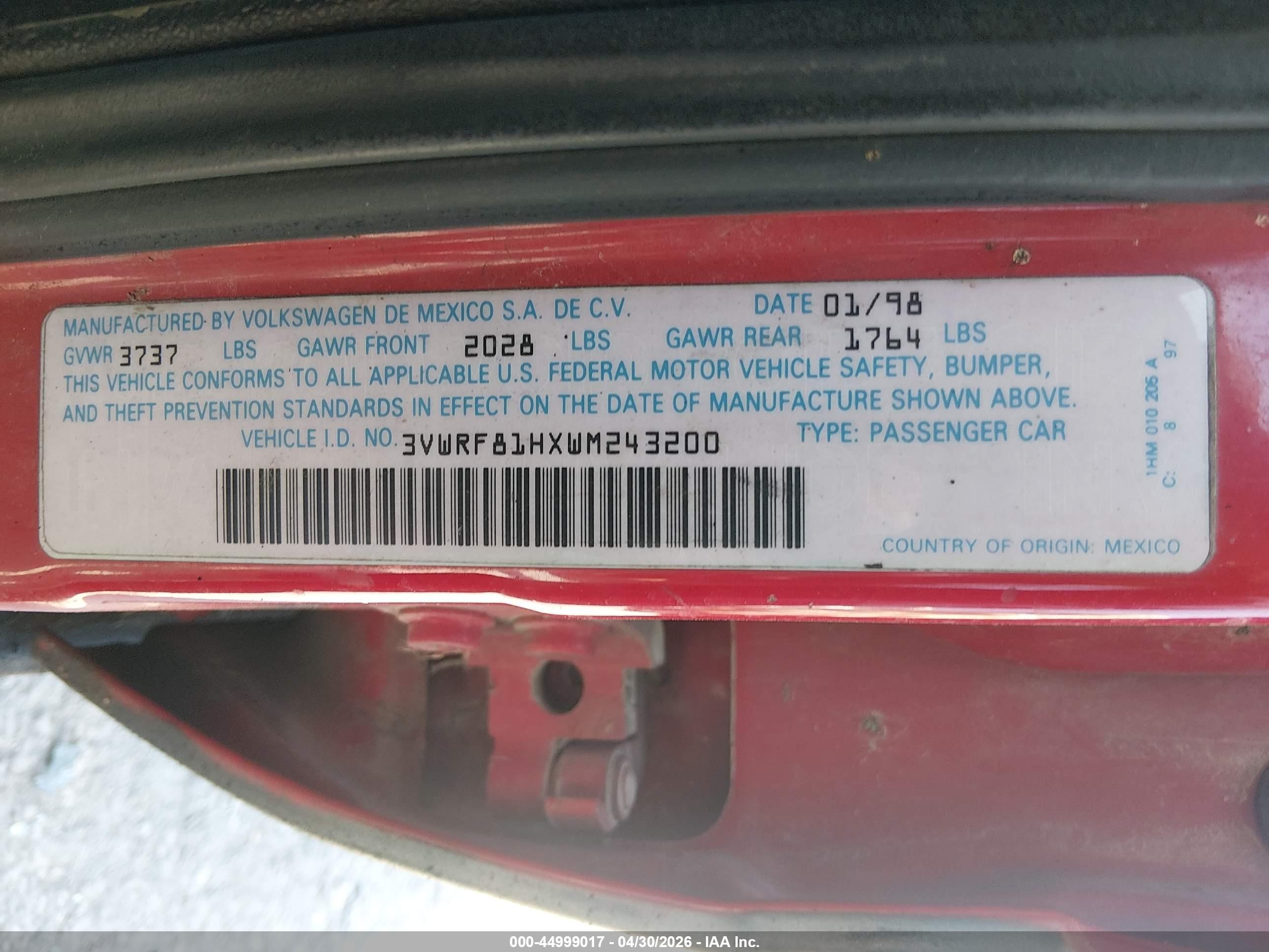 1998 Volkswagen Jetta Tdi Red vin: 3VWRF81HXWM243200