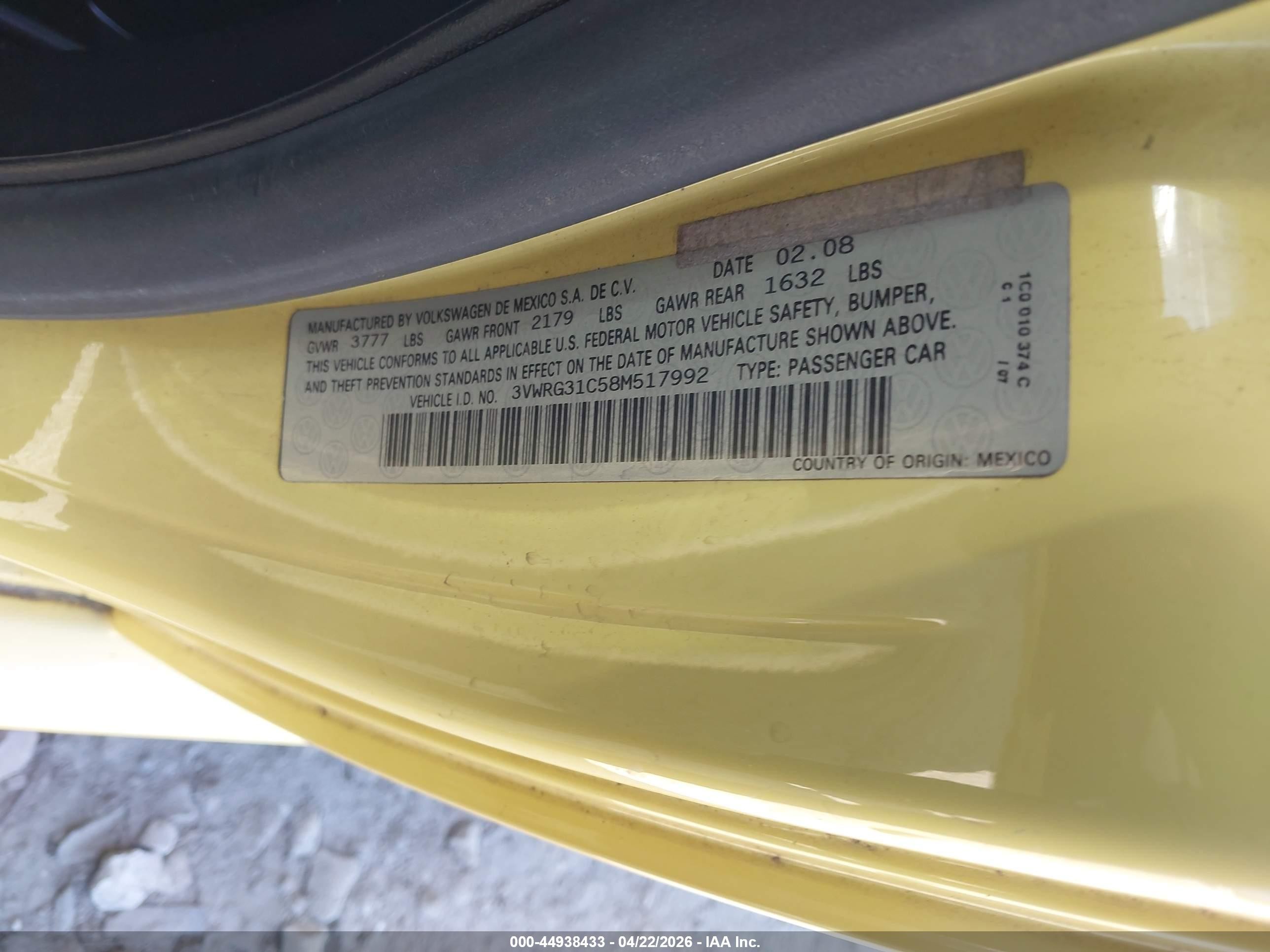 2008 Volkswagen New Beetle S Yellow vin: 3VWRG31C58M517992
