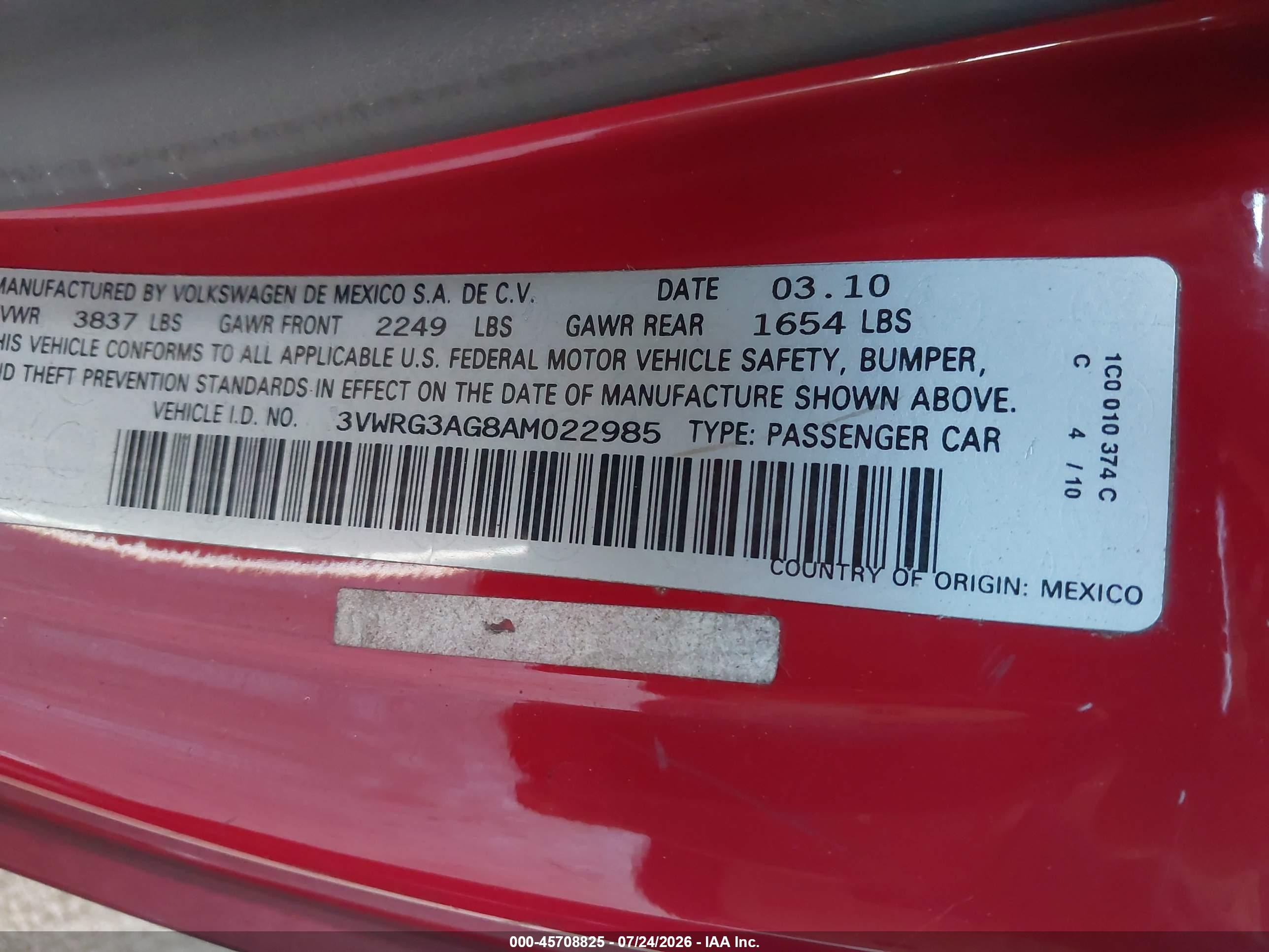 2010 Volkswagen New Beetle 2.5l Red vin: 3VWRG3AG8AM022985