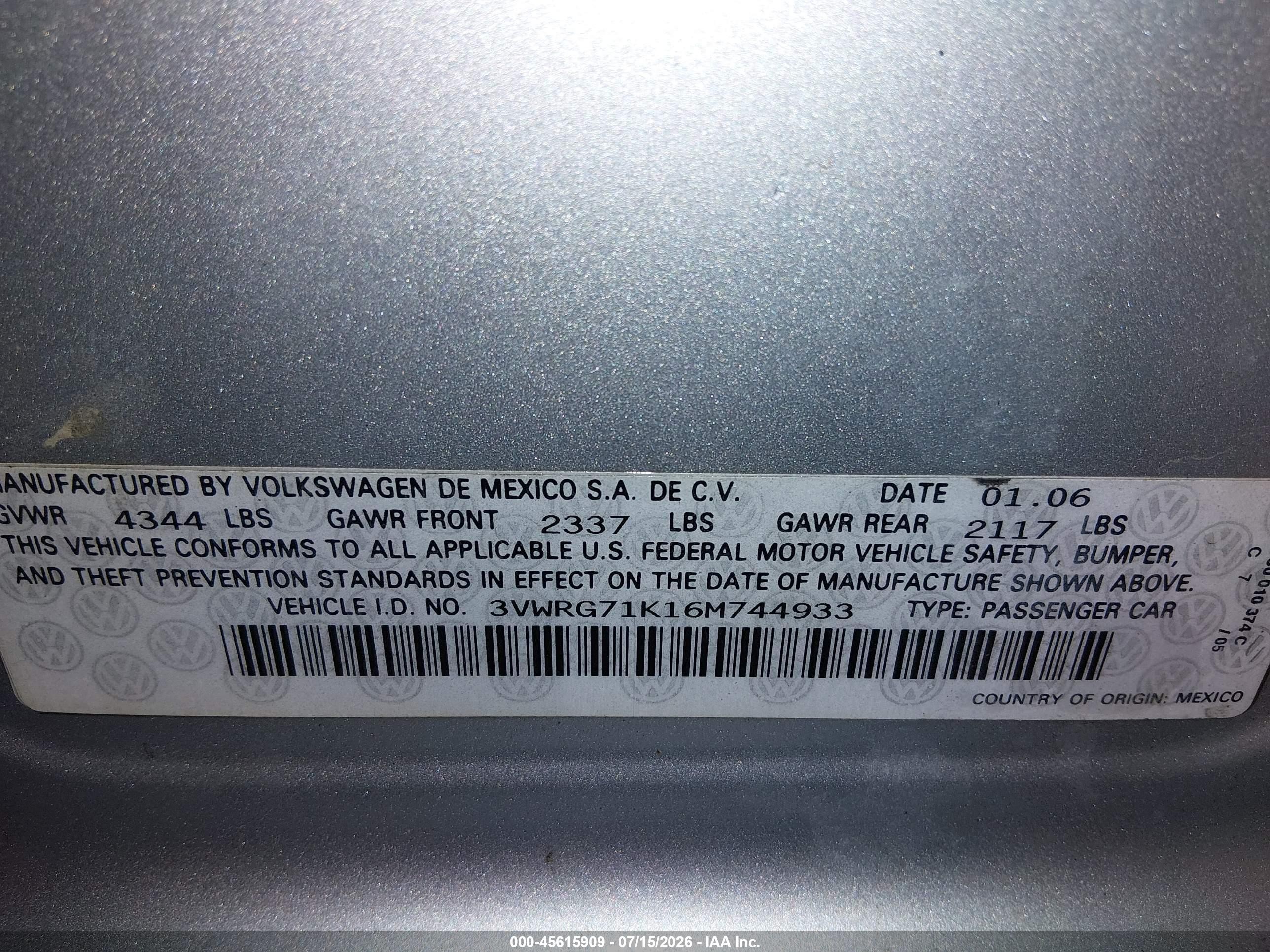2006 Volkswagen Jetta 2.5 Серебряный vin: 3VWRG71K16M744933