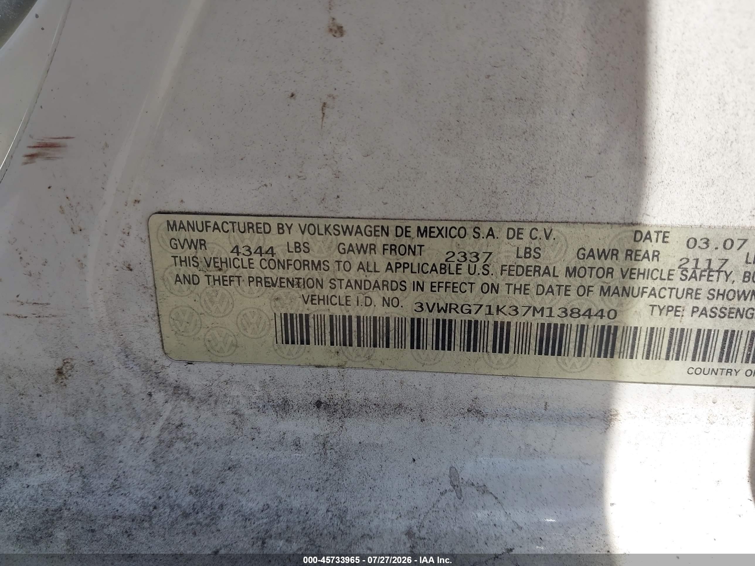 2007 Volkswagen Jetta 2.5 Белый vin: 3VWRG71K37M138440
