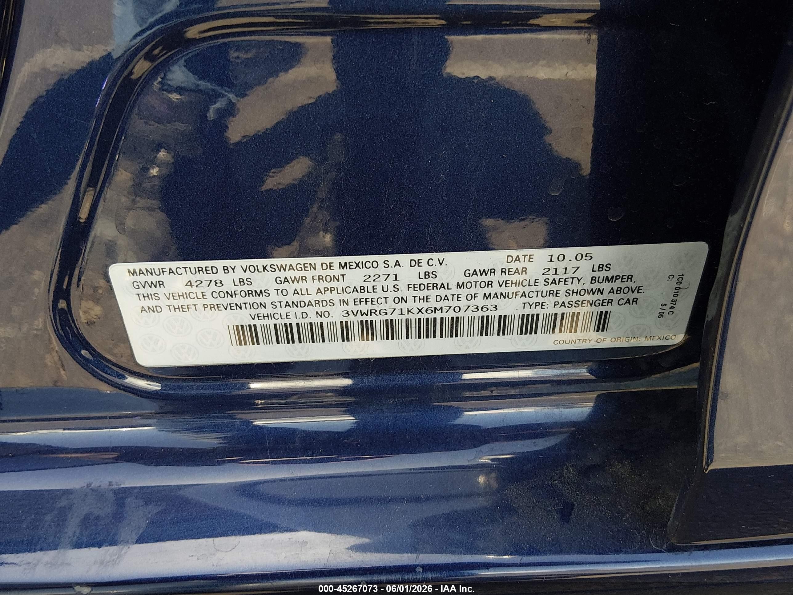 2006 Volkswagen Jetta 2.5 Blue vin: 3VWRG71KX6M707363