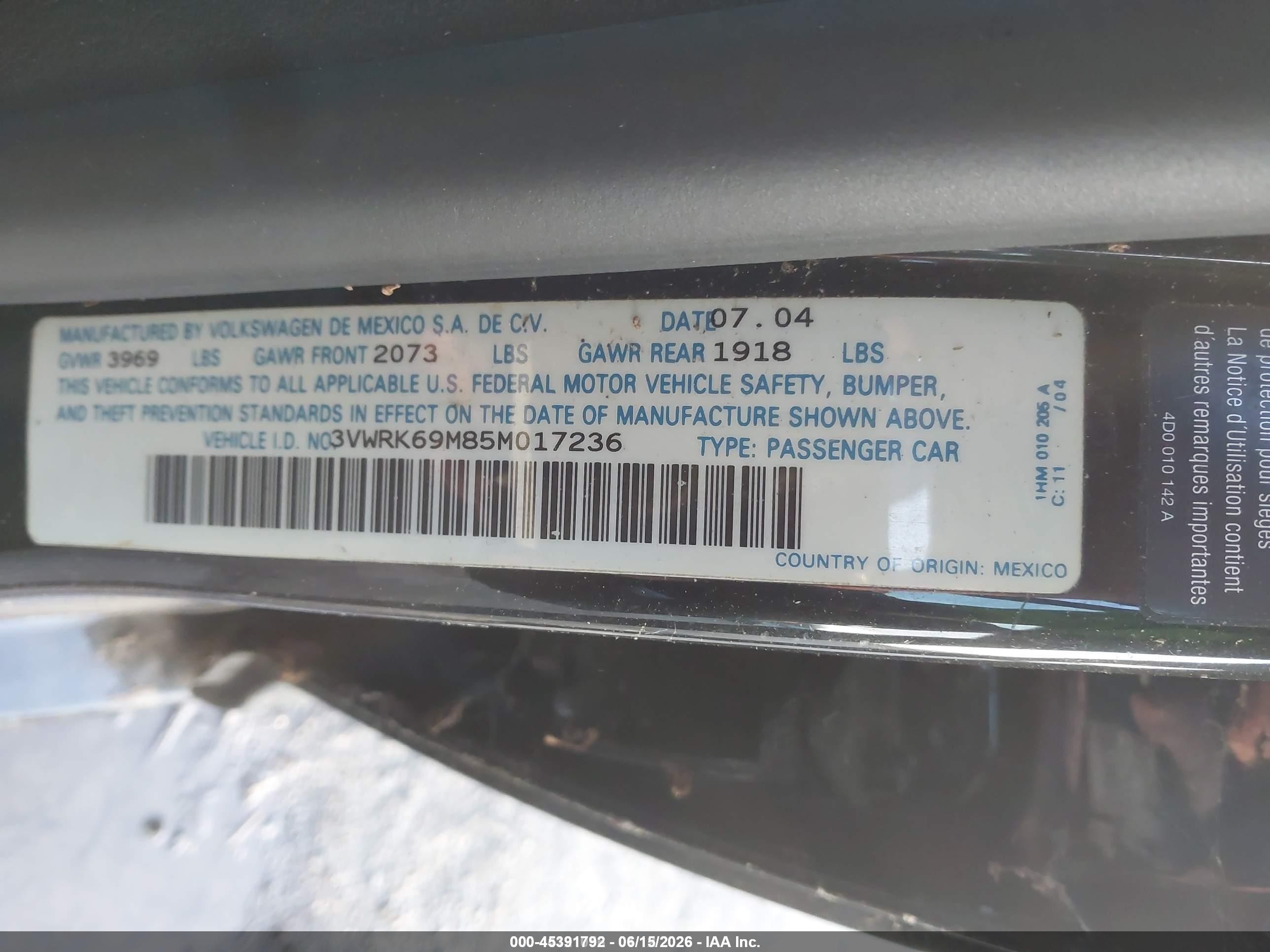 2005 Volkswagen Jetta Gl Black vin: 3VWRK69M85M017236
