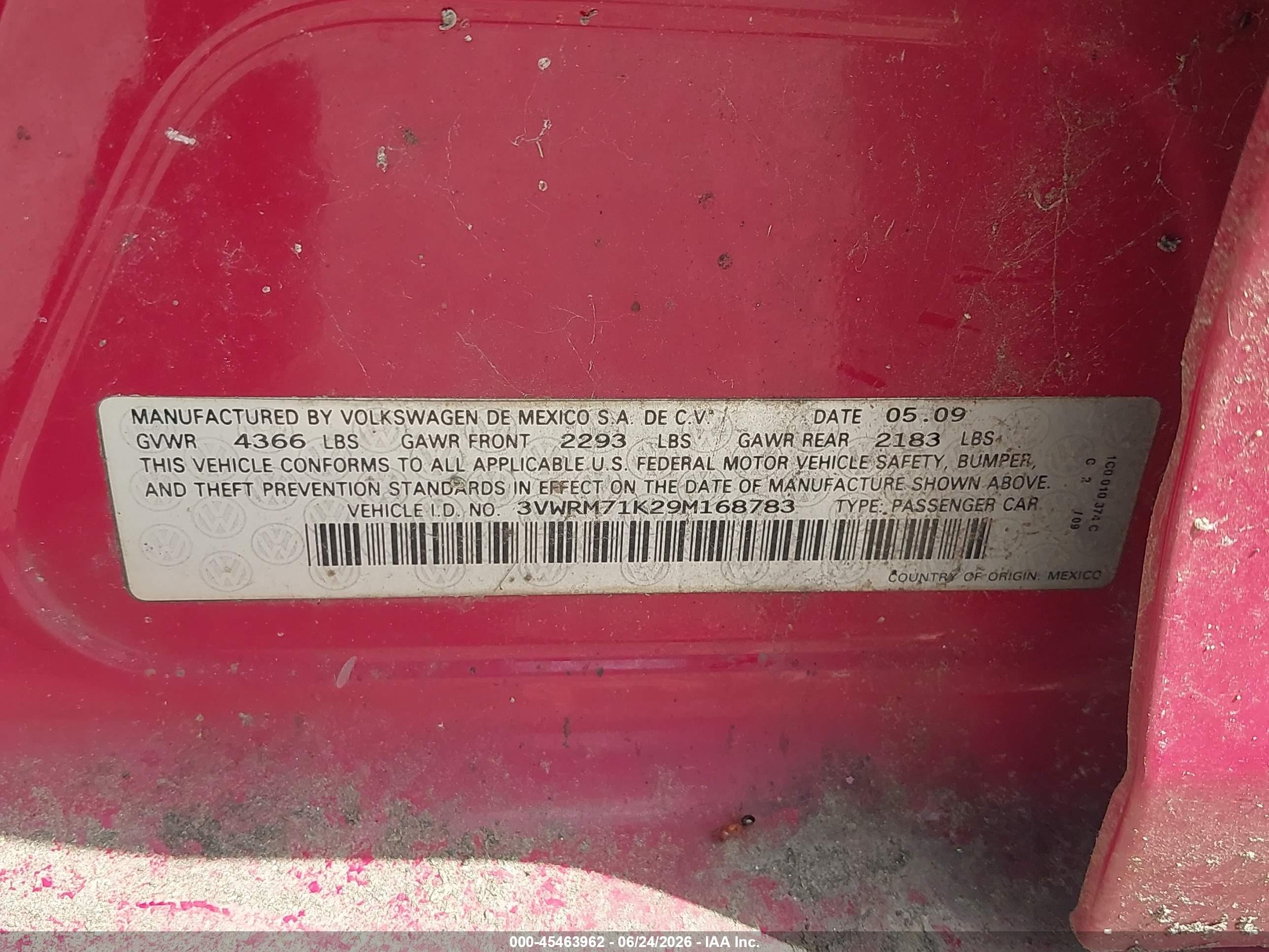 2009 Volkswagen Jetta Se Red vin: 3VWRM71K29M168783