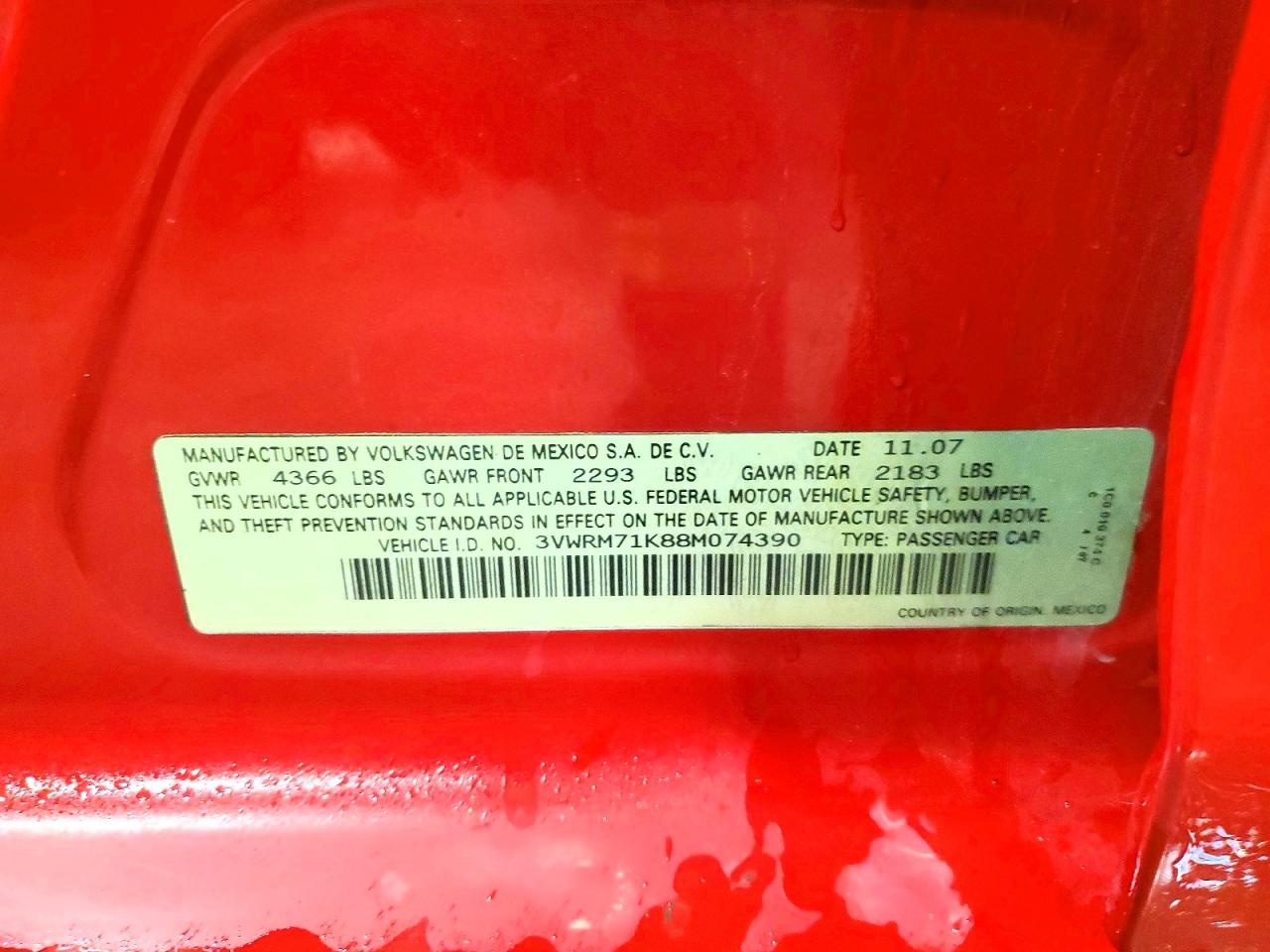 2008 Volkswagen Jetta Se Red vin: 3VWRM71K88M074390